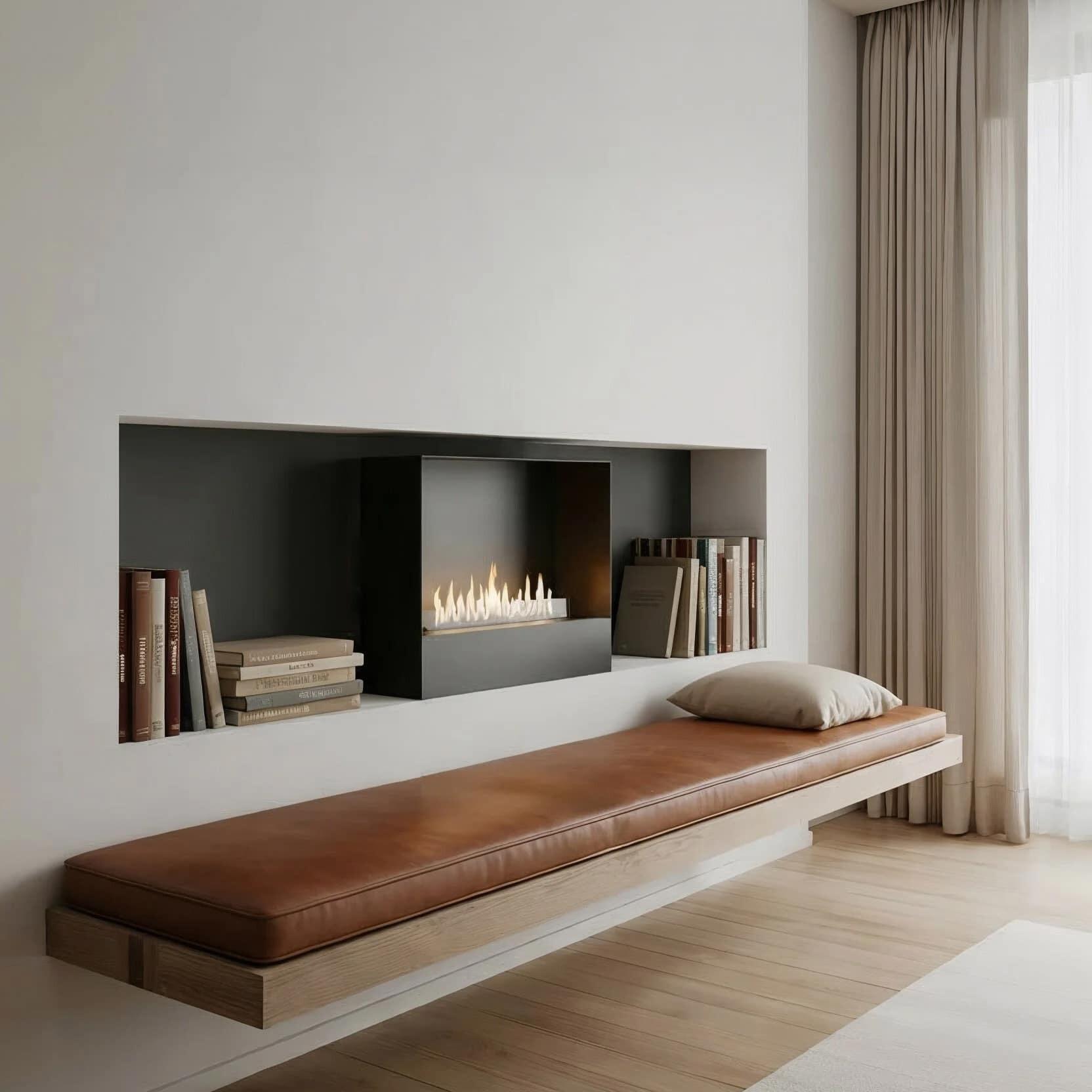 Milan fire built into a black alcove above a leather bench seat