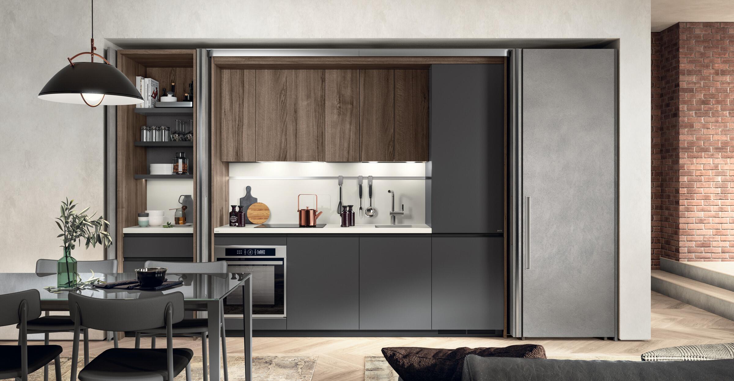 Scavolini Boxi kitchen with Oxide Steel decorative melamine doors