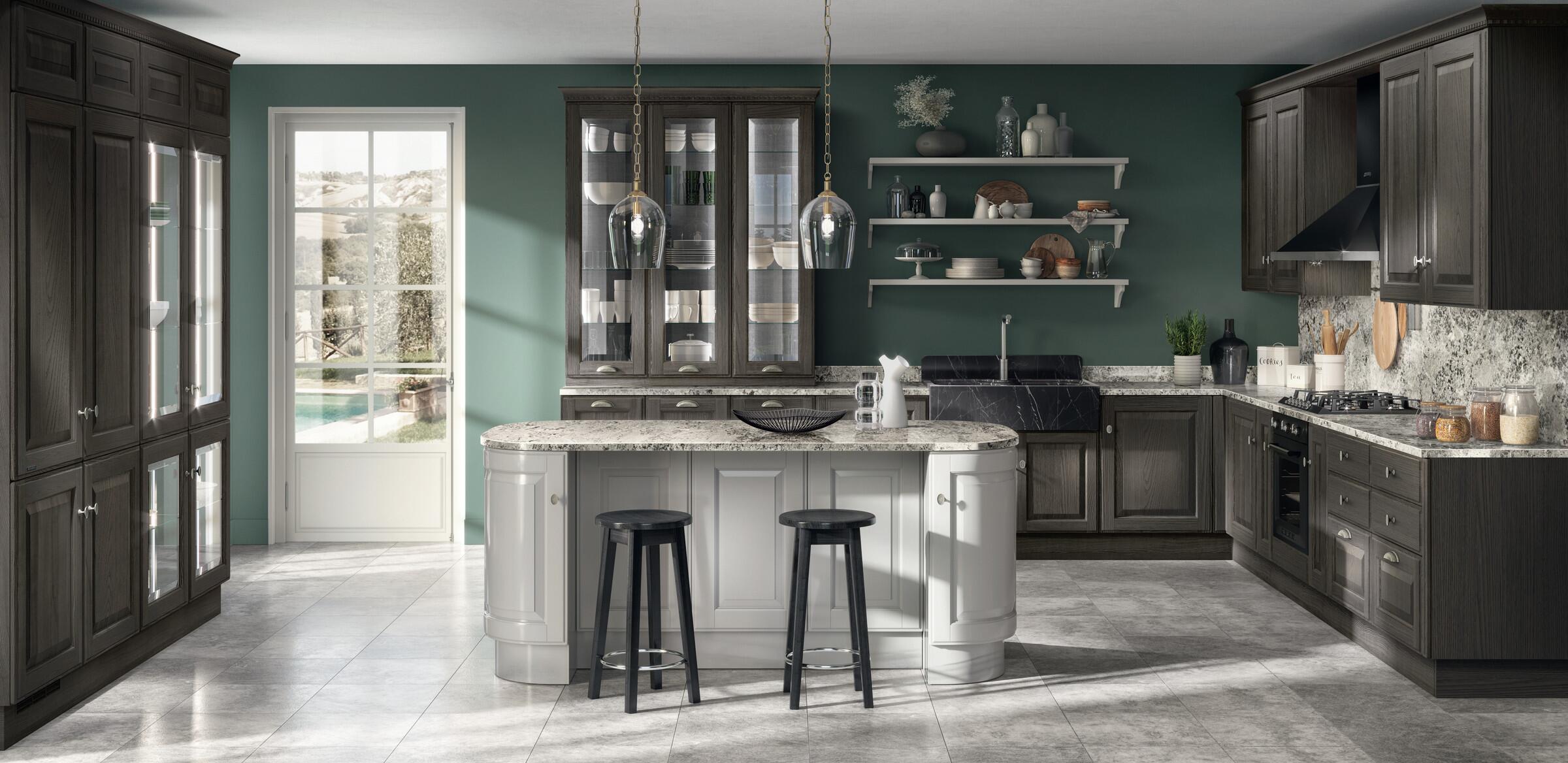 Scavolini Baltimora kitchen with dark wood units, a pale island and glass-fronted display cabinets