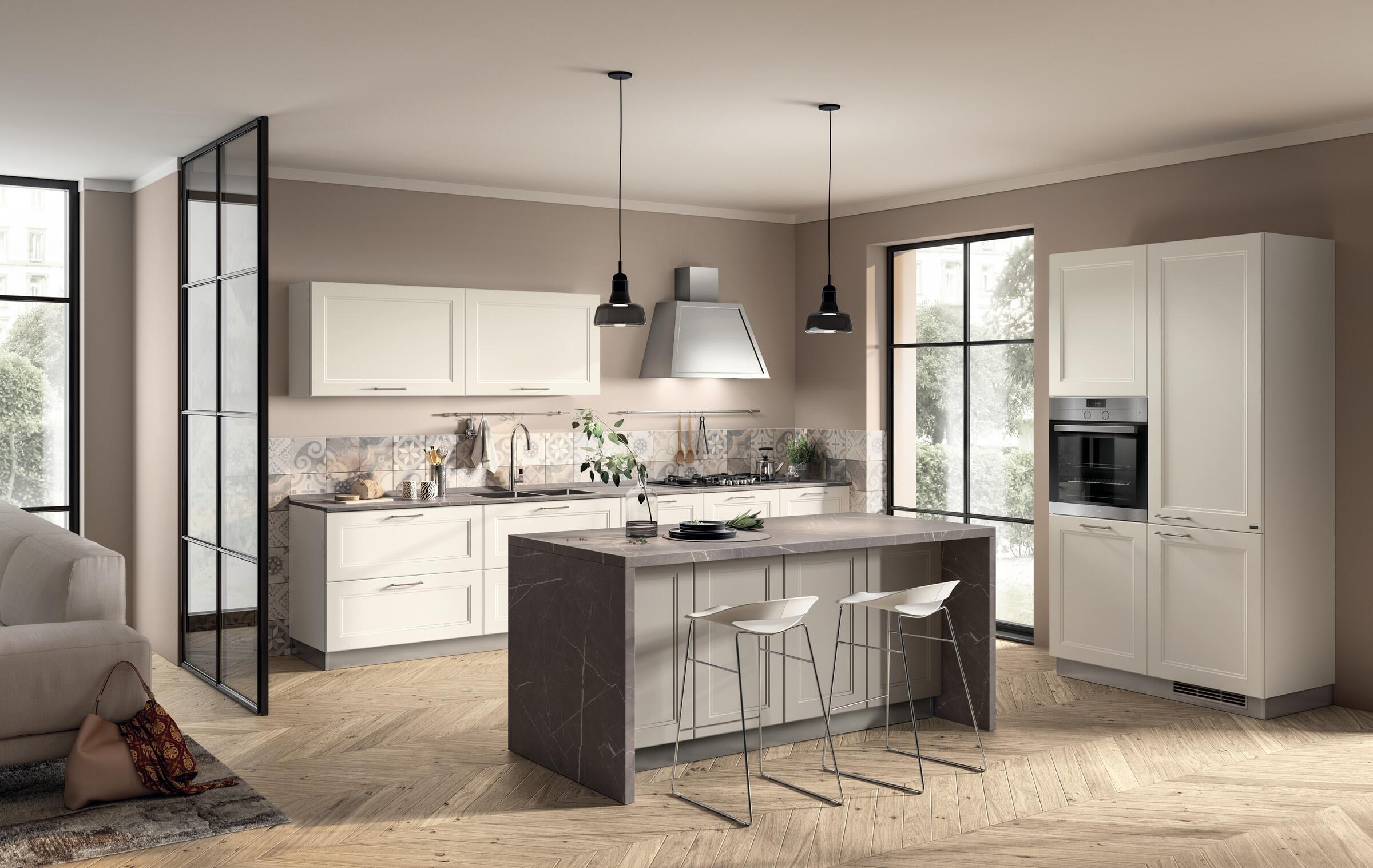 Scavolini Colony kitchen in neutral lacquered and laminate finishes