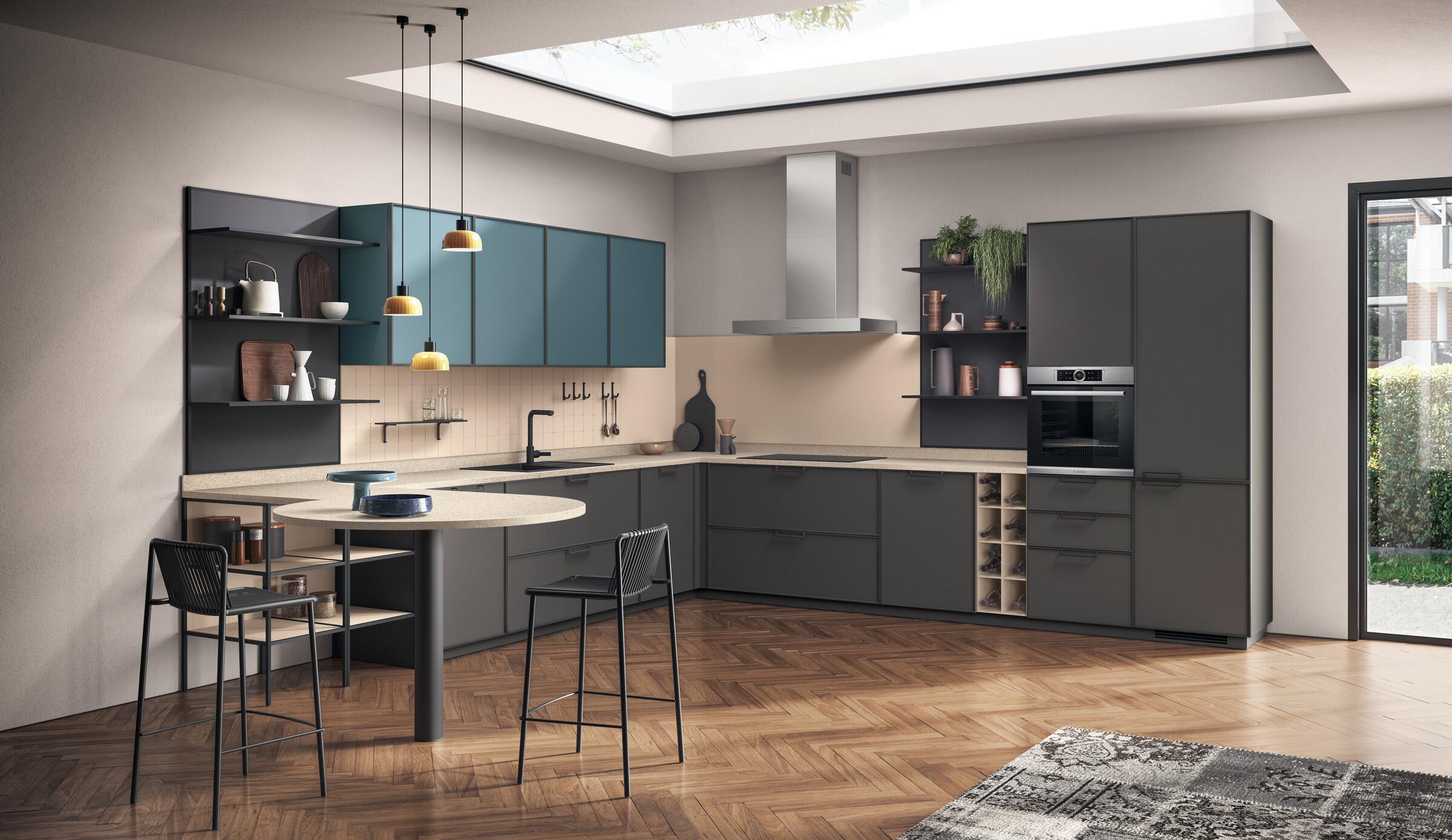 Scavolini Jeometrica kitchen – Corner composition, Iron Grey and Teal Green matt lacquered doors with Anthracite frame