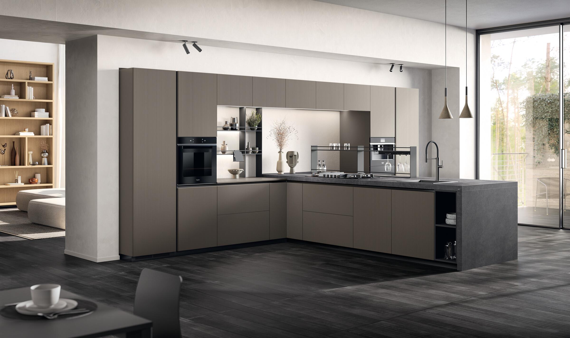 Scavolini Mira kitchen – Composition with peninsula and Urban Steel Strips Laminate doors