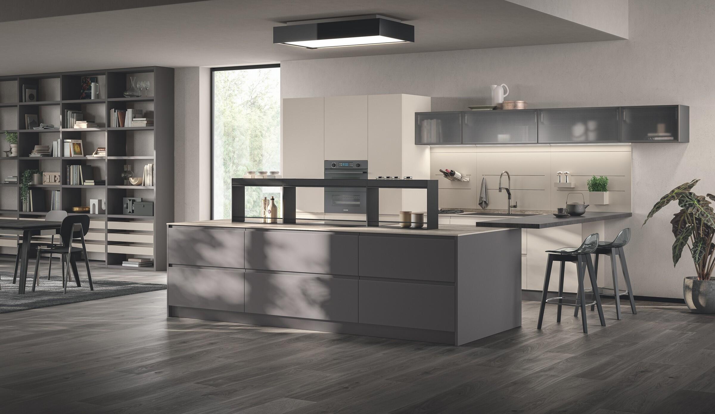 Scavolini Motus kitchen – Composition with island, Iron Grey and Soft Beige decorative melamine doors