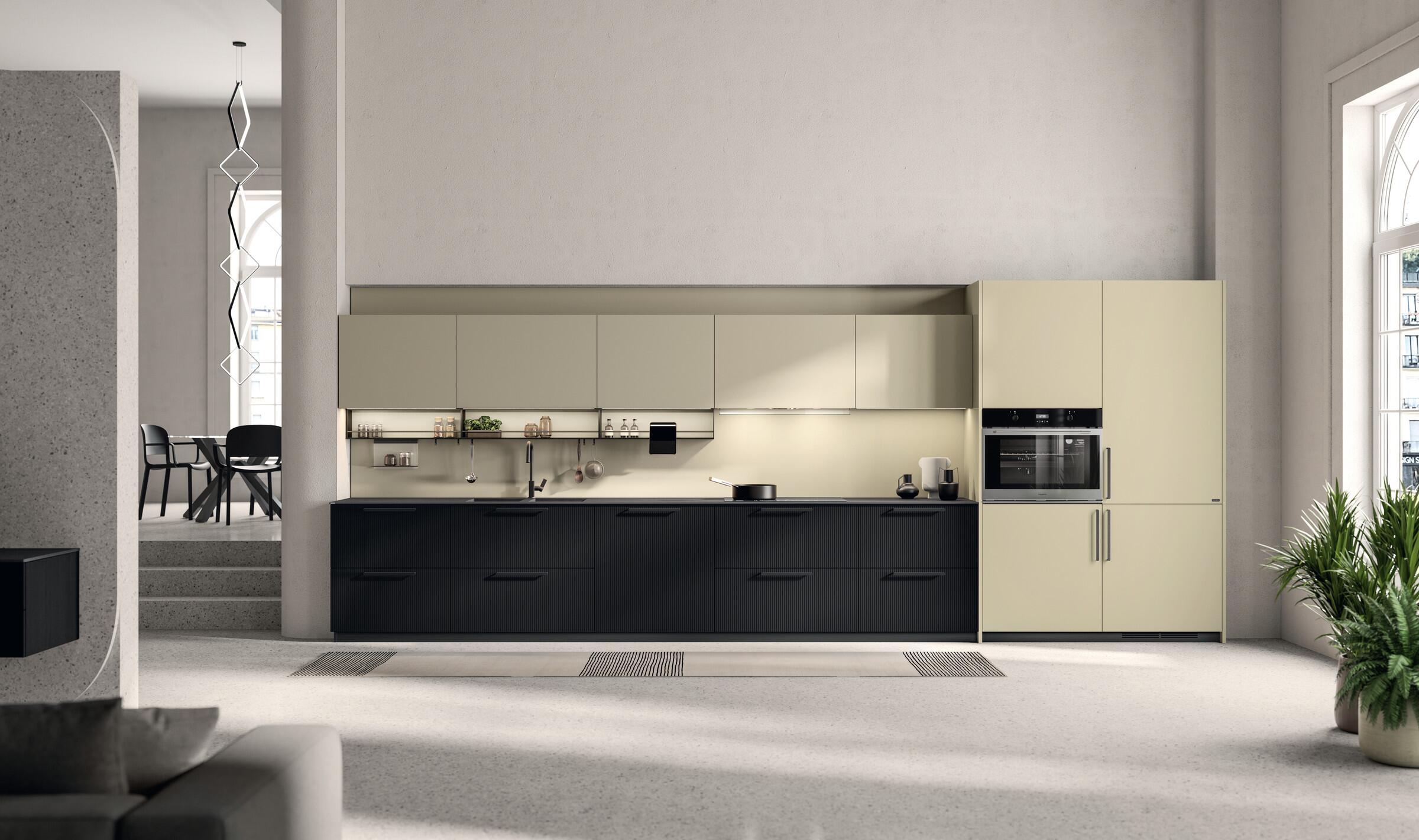 Scavolini Musa kitchen with Berry Oak slats and Urban Gold laminate