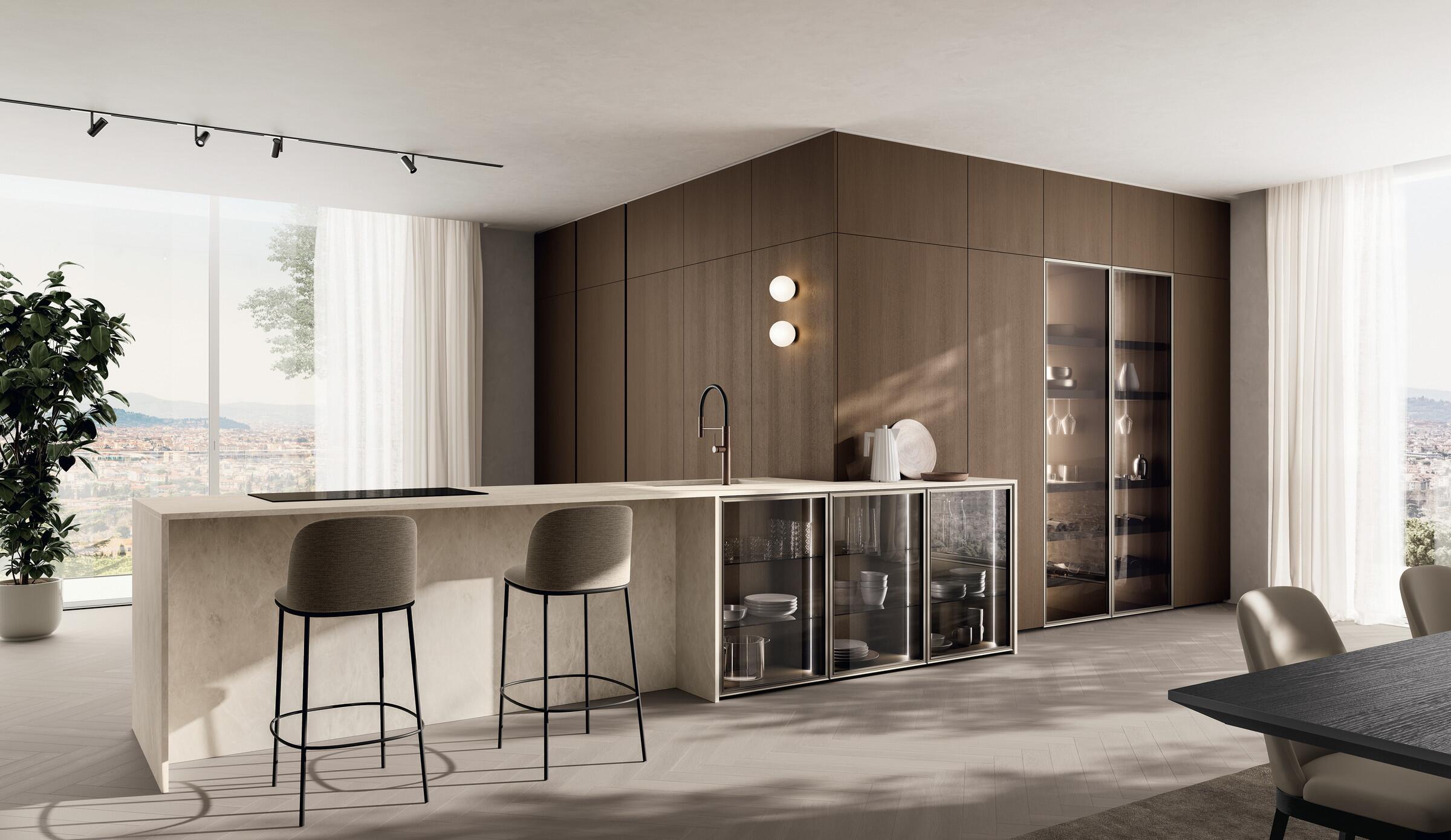 Scavolini Regola kitchen – Composition with peninsula, Diamond Cream stoneware doors