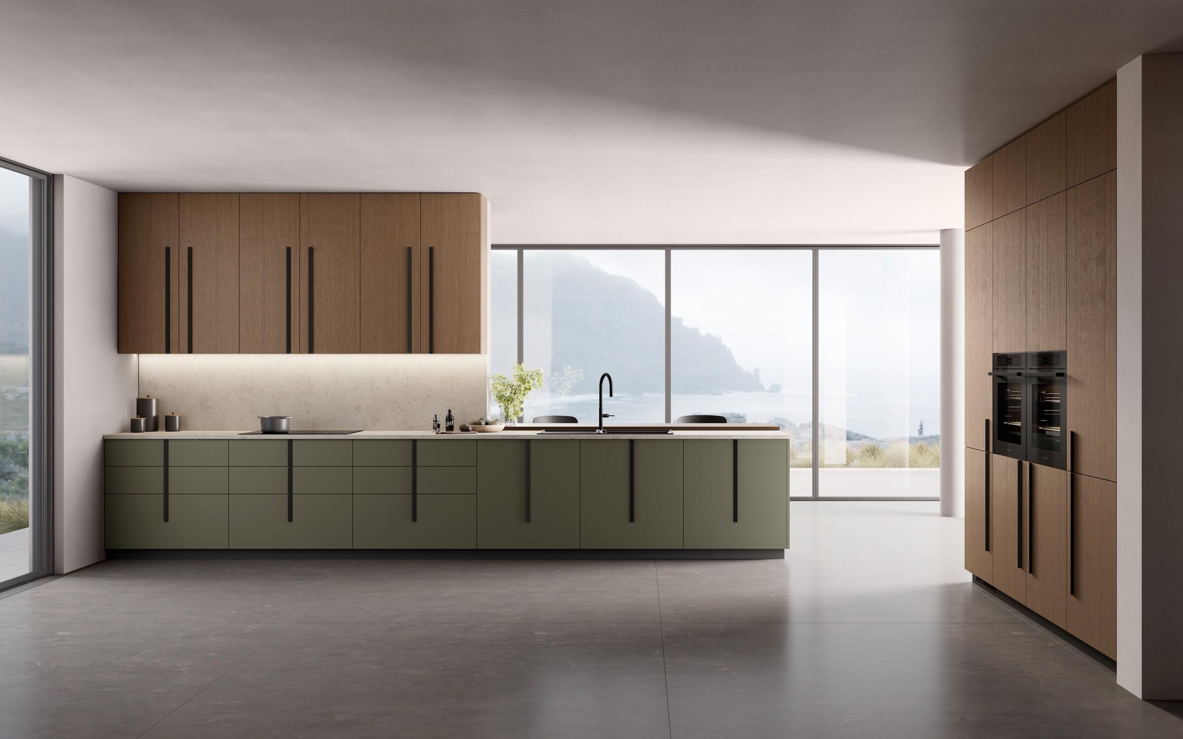 Scavolini Stilo kitchen – Linear composition, Mineral Green matt lacquered doors and Malt Oak excimer laser veneered doors