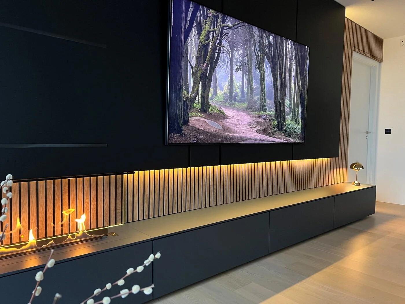 Denver F6 bio-ethanol burner along a black media unit with slatted wood panelling