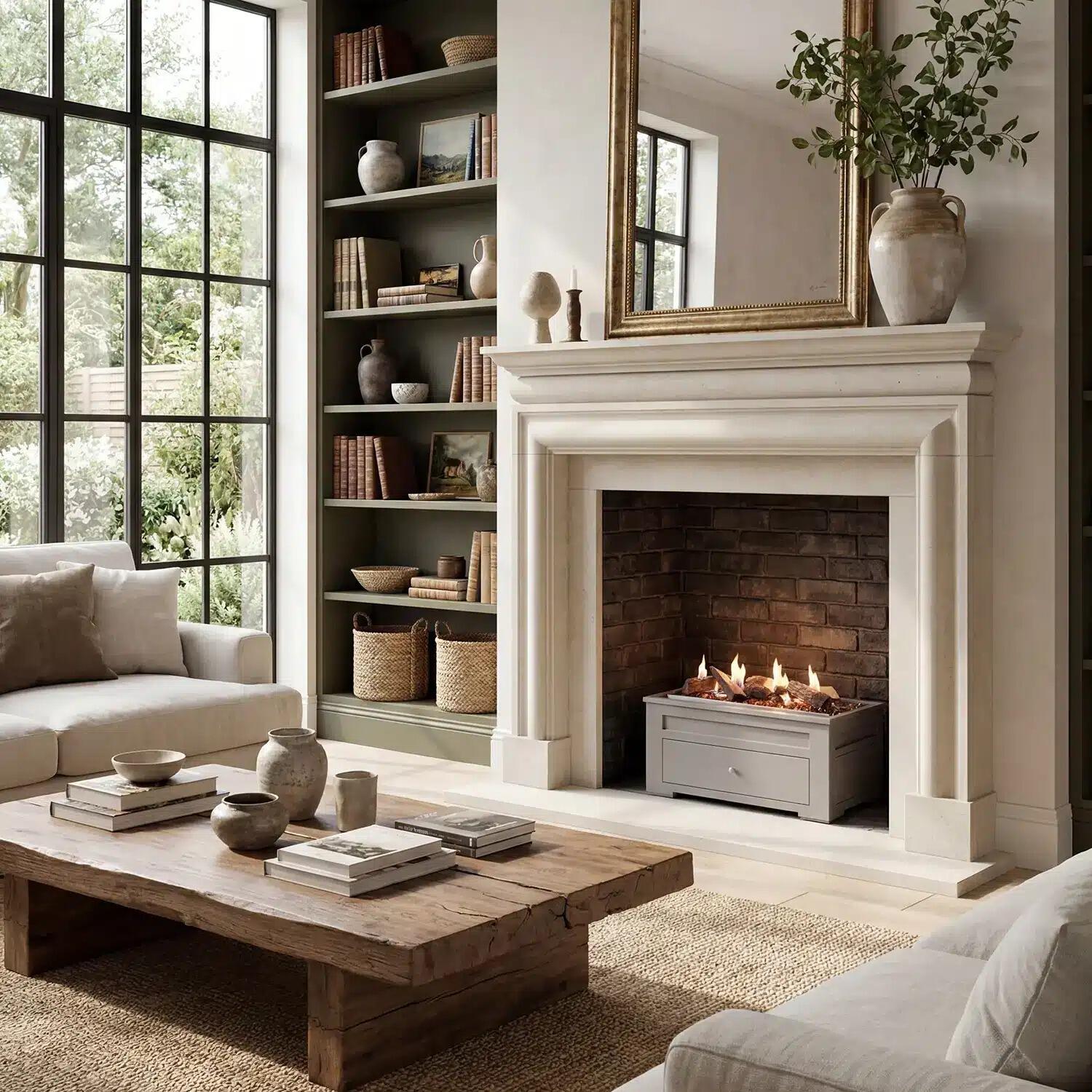 Heritage bio-ethanol fire basket in a brick-lined fireplace with a stone surround and bookshelves