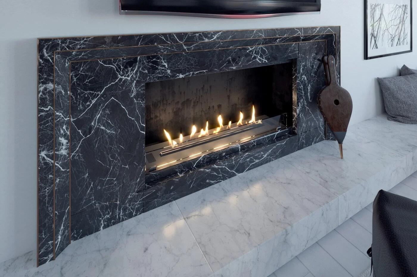Denver F3 bio-ethanol burner set into a black marble fireplace wall below a television