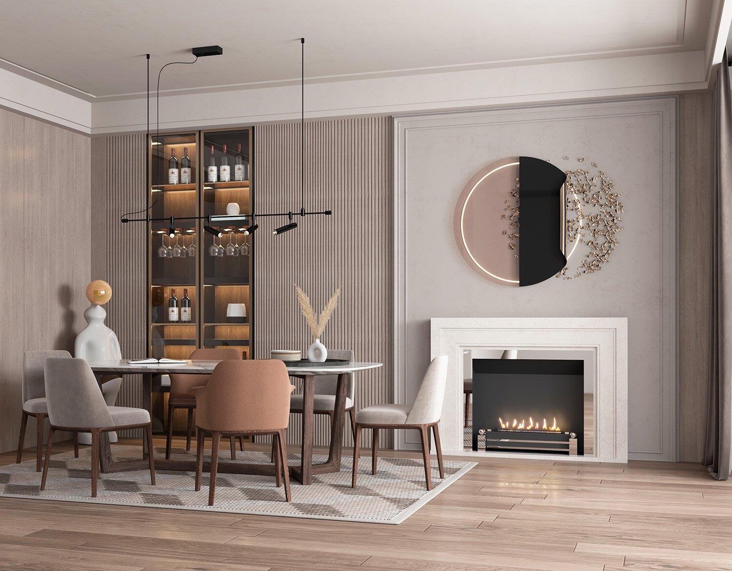 Westminster fire in a grey dining room with pendant lights