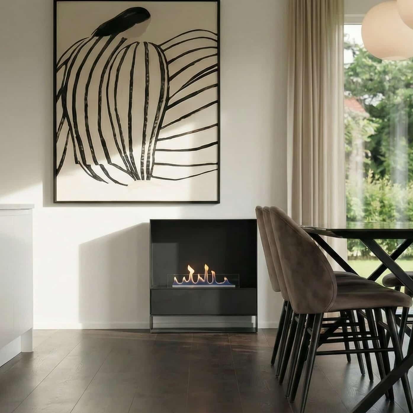 Milan fire in a white wall beside a dining table