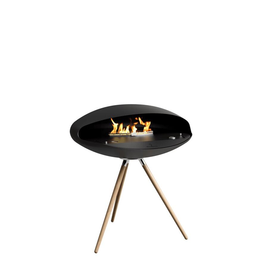 Espoo floor-standing fire with black top plate and light oak legs
