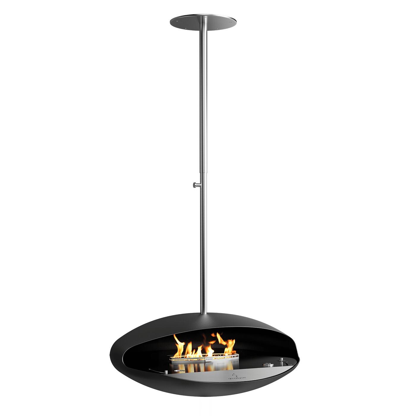 Espoo ceiling-hung fire with brushed steel finish on its suspension rod