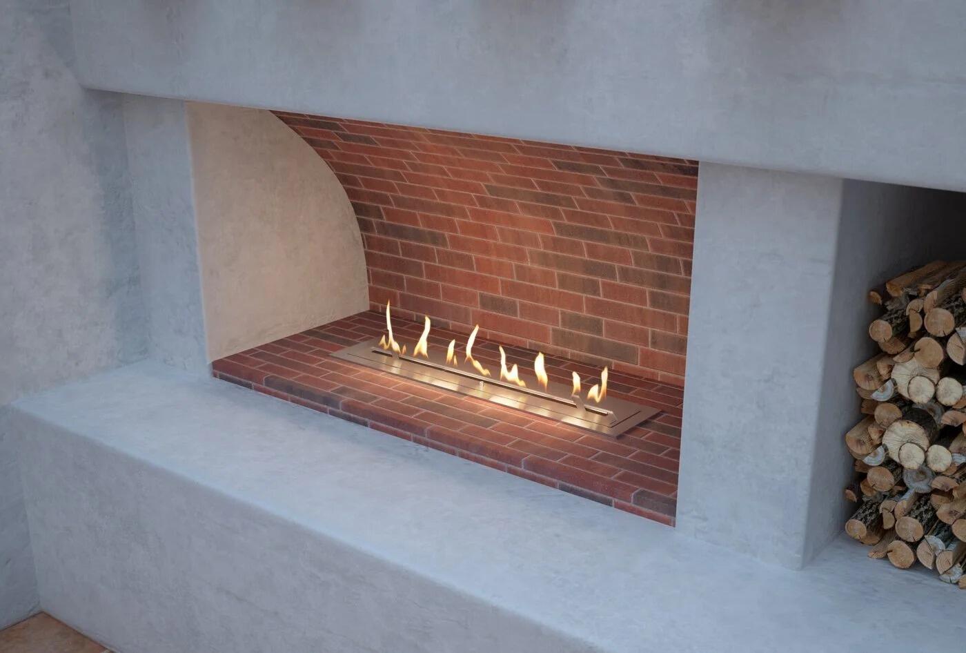 Outdoor burner in a brick-lined outdoor fireplace
