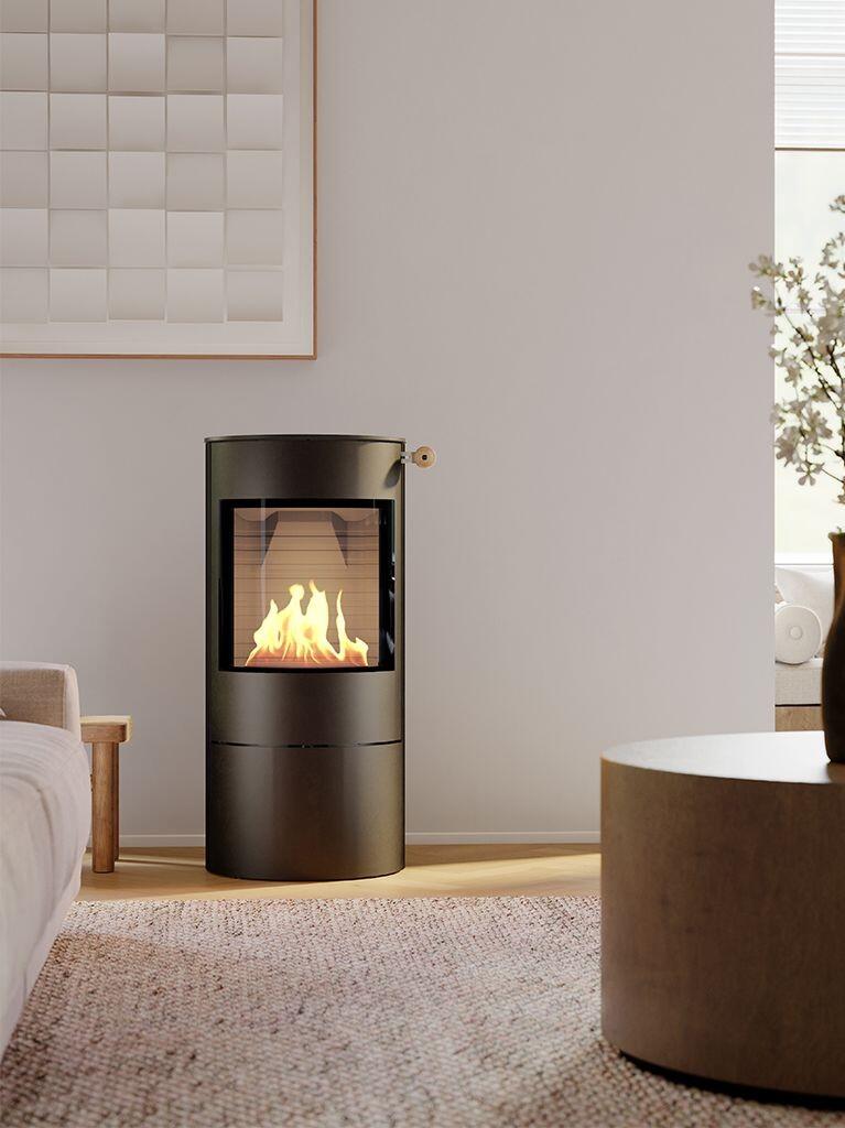 Rais Viva L 100 Bio bioethanol stove in black with glass door, beside a sofa