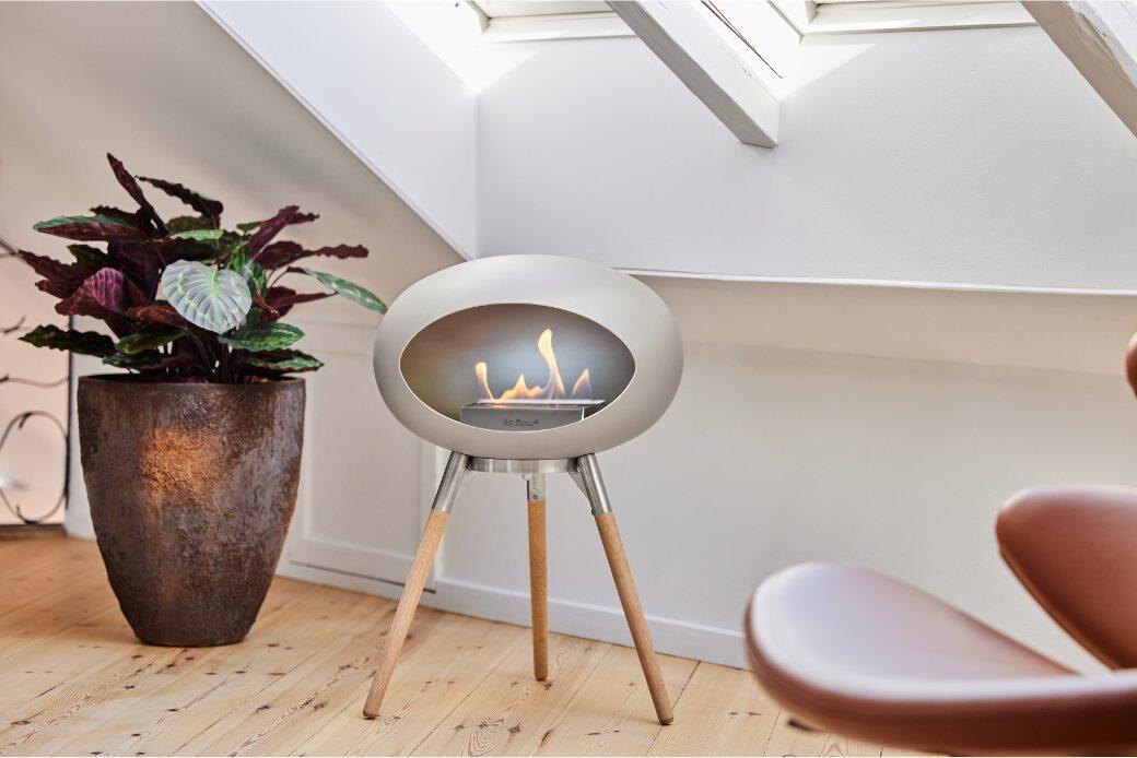 Le Feu Dome Wood Low bio-ethanol fire in nickel in a living room