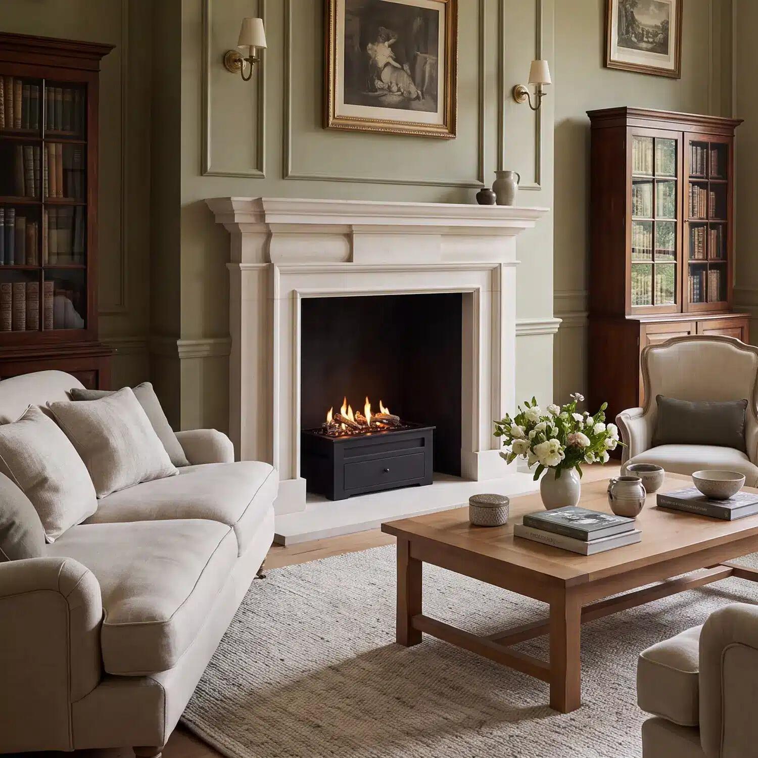 Heritage fire basket by Decoflame in a sage green panelled sitting room