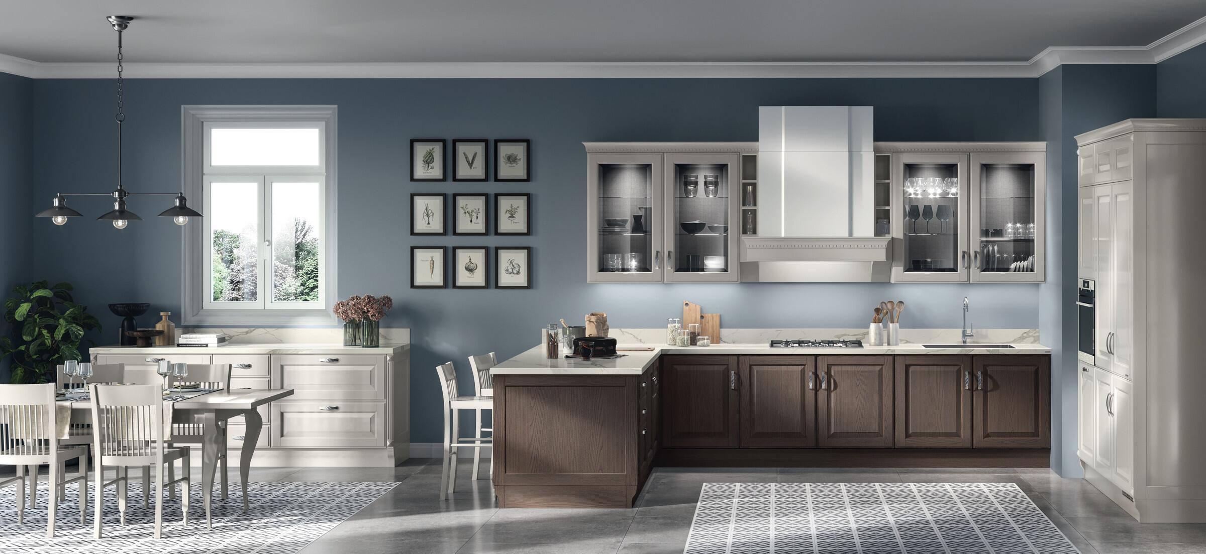 Scavolini Baltimora corner kitchen in dark wood with pale glazed wall units and a white hood