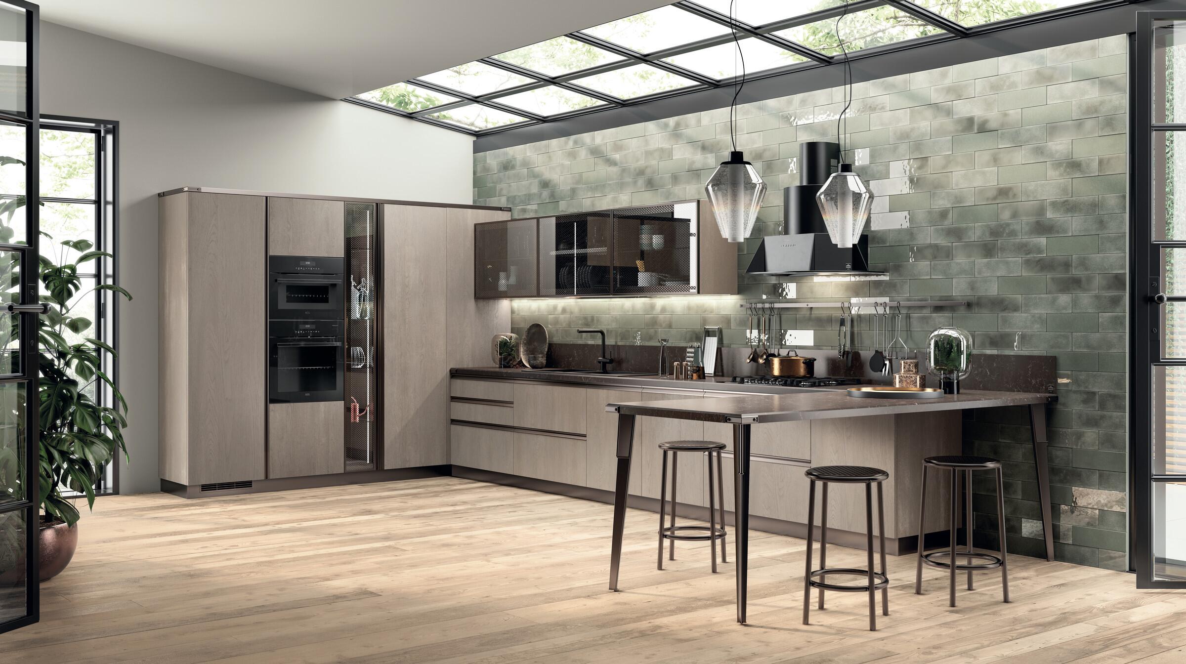 Scavolini Diesel Open Workshop kitchen in Garden Walnut with Bronze ribbed-glass doors
