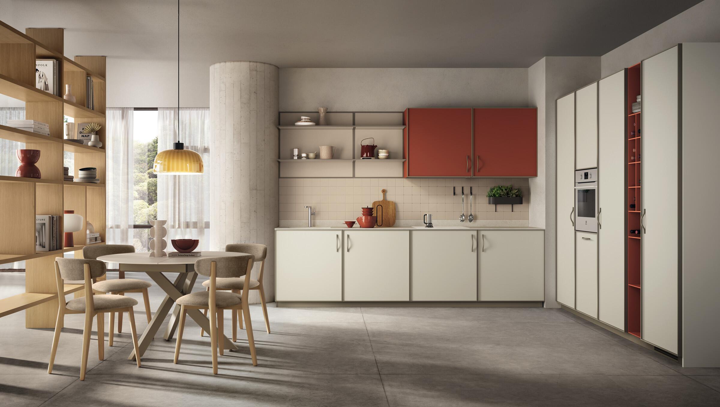 Scavolini Jeometrica kitchen – Linear composition, Snow White and Paprika decorative melamine doors with Titanium frame