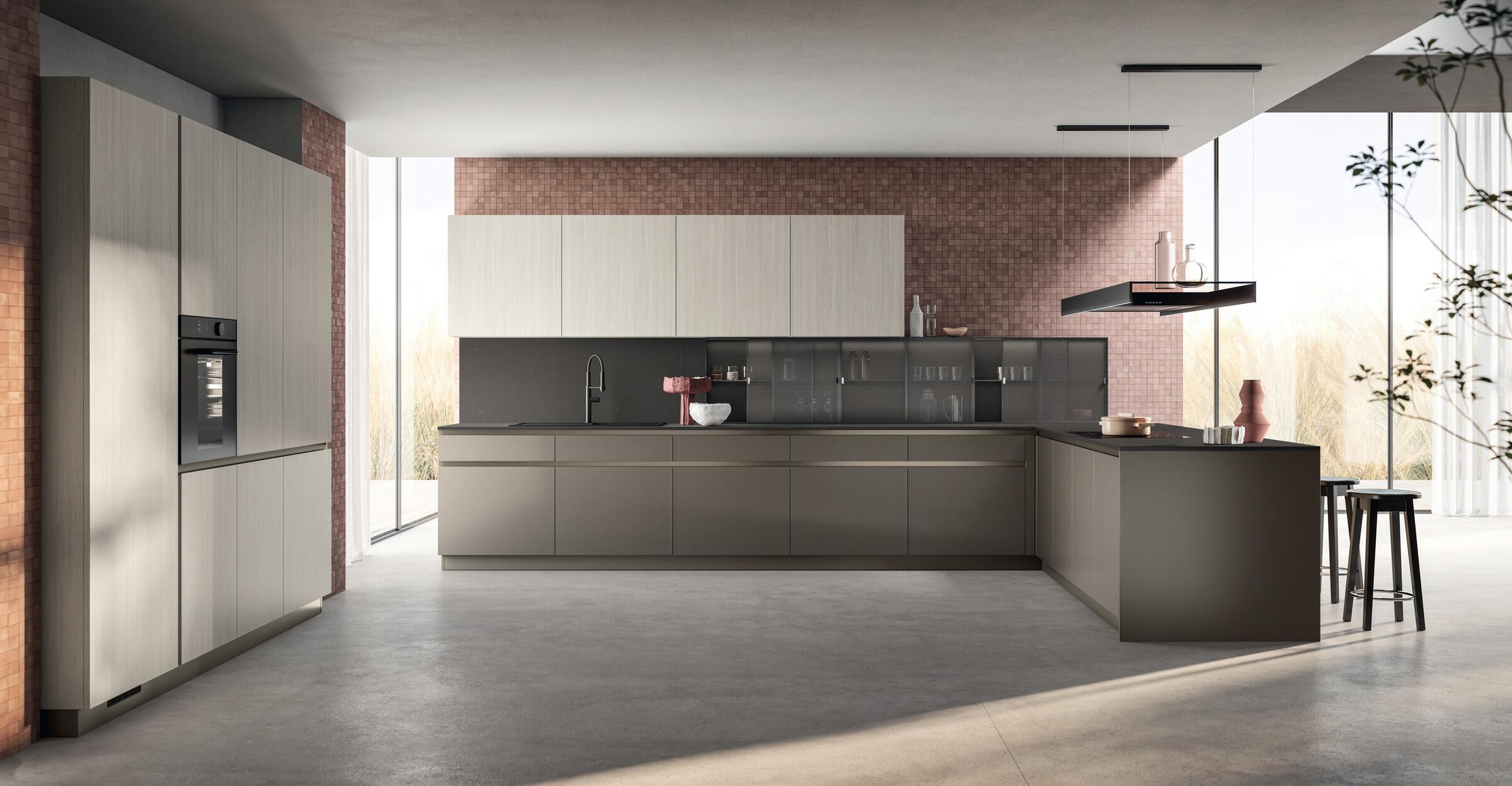 Scavolini Lumina kitchen with perforated sheet-metal wall units