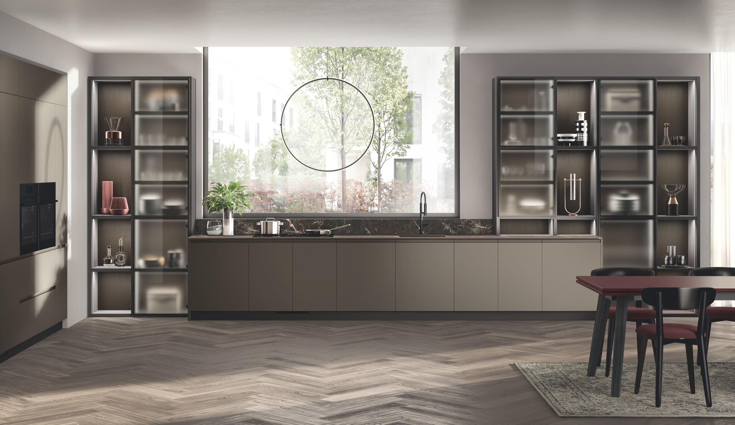 Scavolini Motus kitchen – Linear composition, Matera Grey matt lacquered doors