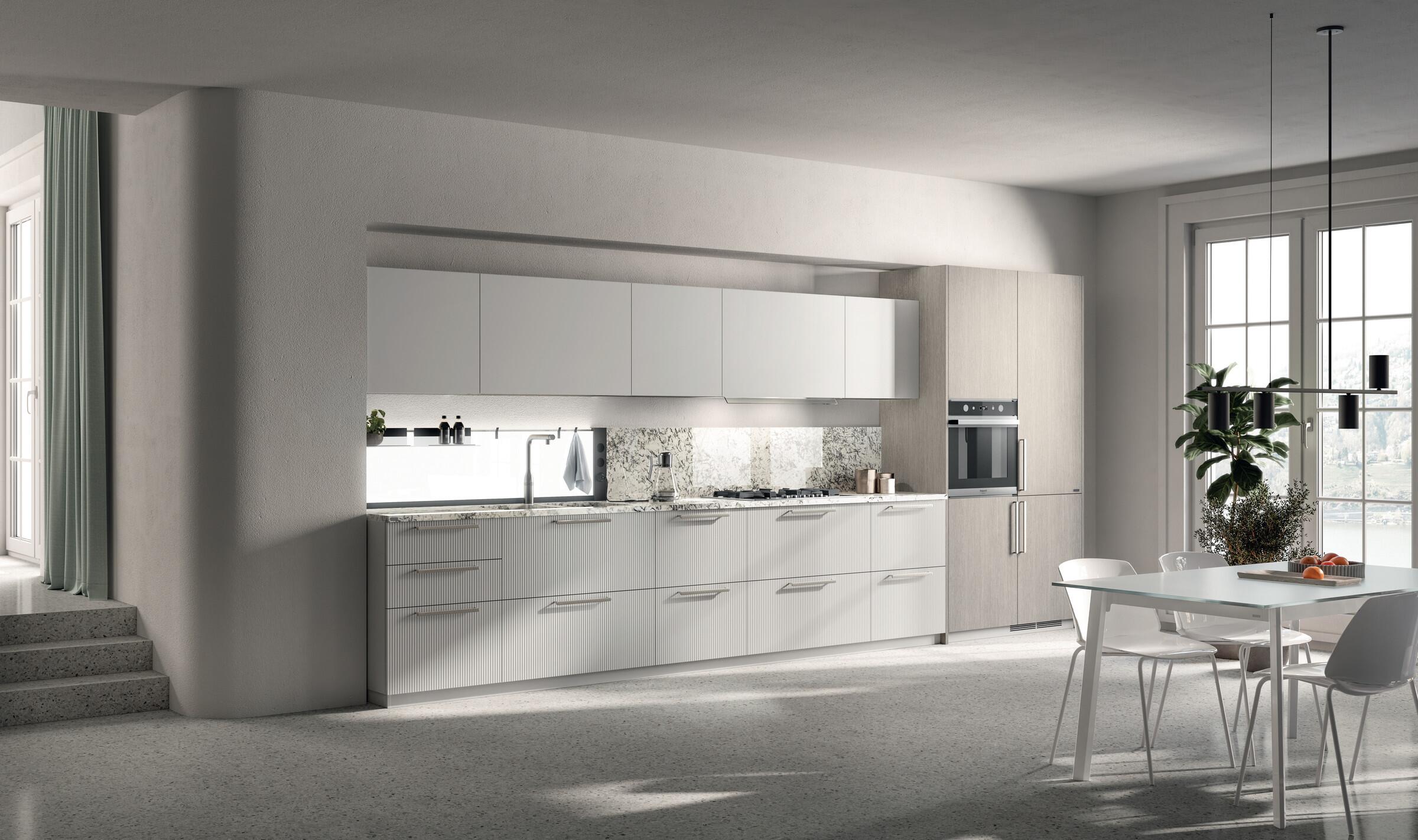 Scavolini Musa kitchen with Heron Grey slats and Oriental Light decorative melamine
