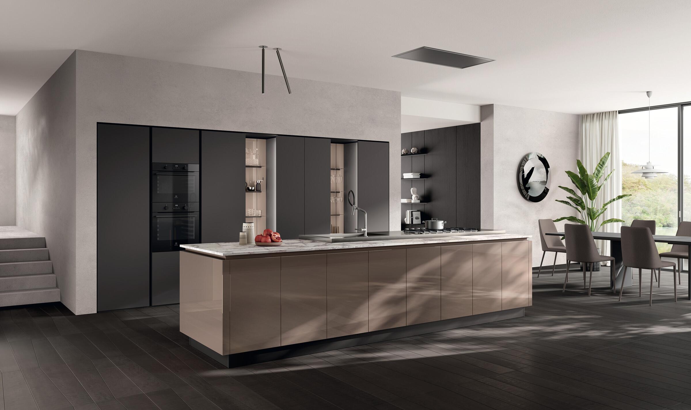 Scavolini Regola kitchen – Composition with island, Tundra Grey polished glass doors and Iron Grey matt lacquered doors