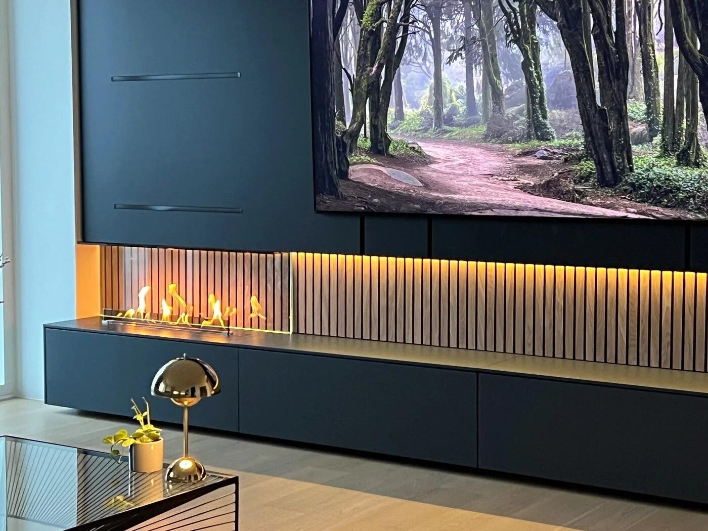 Living room view of a Denver F6 burner in a long black media wall