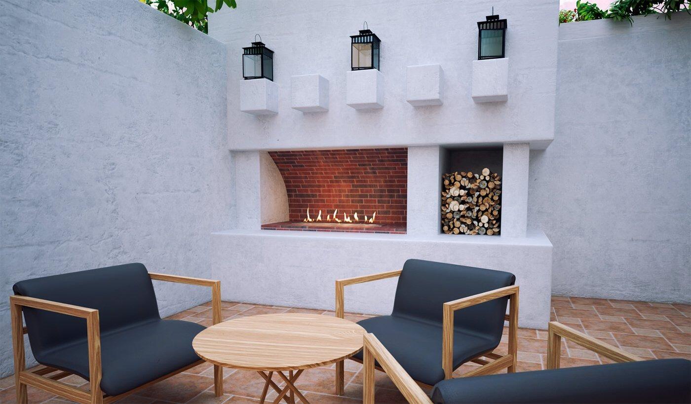 Outdoor built-in burner in a white courtyard fireplace with garden chairs