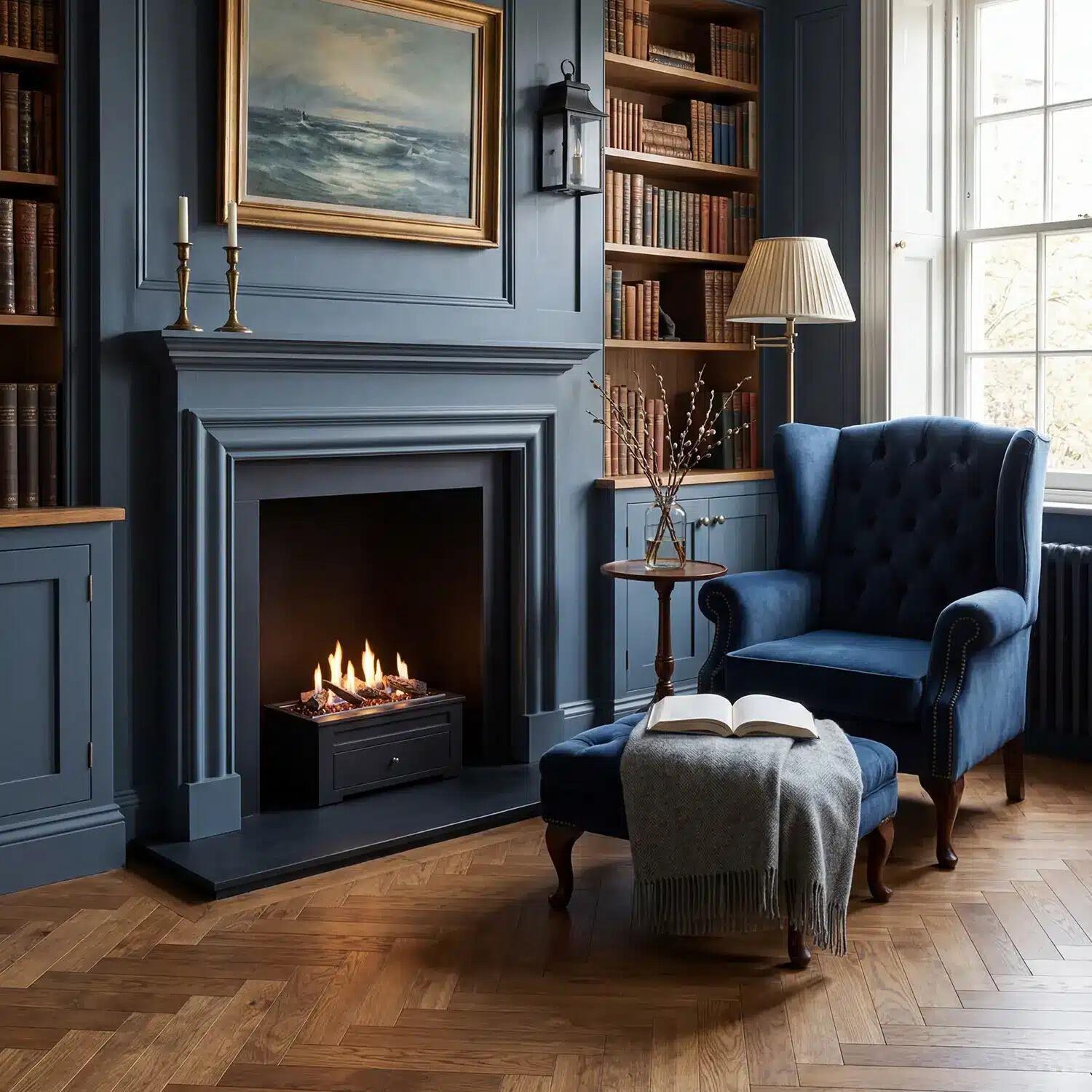 Heritage fire basket by Decoflame in a dark blue panelled study with a wingback armchair