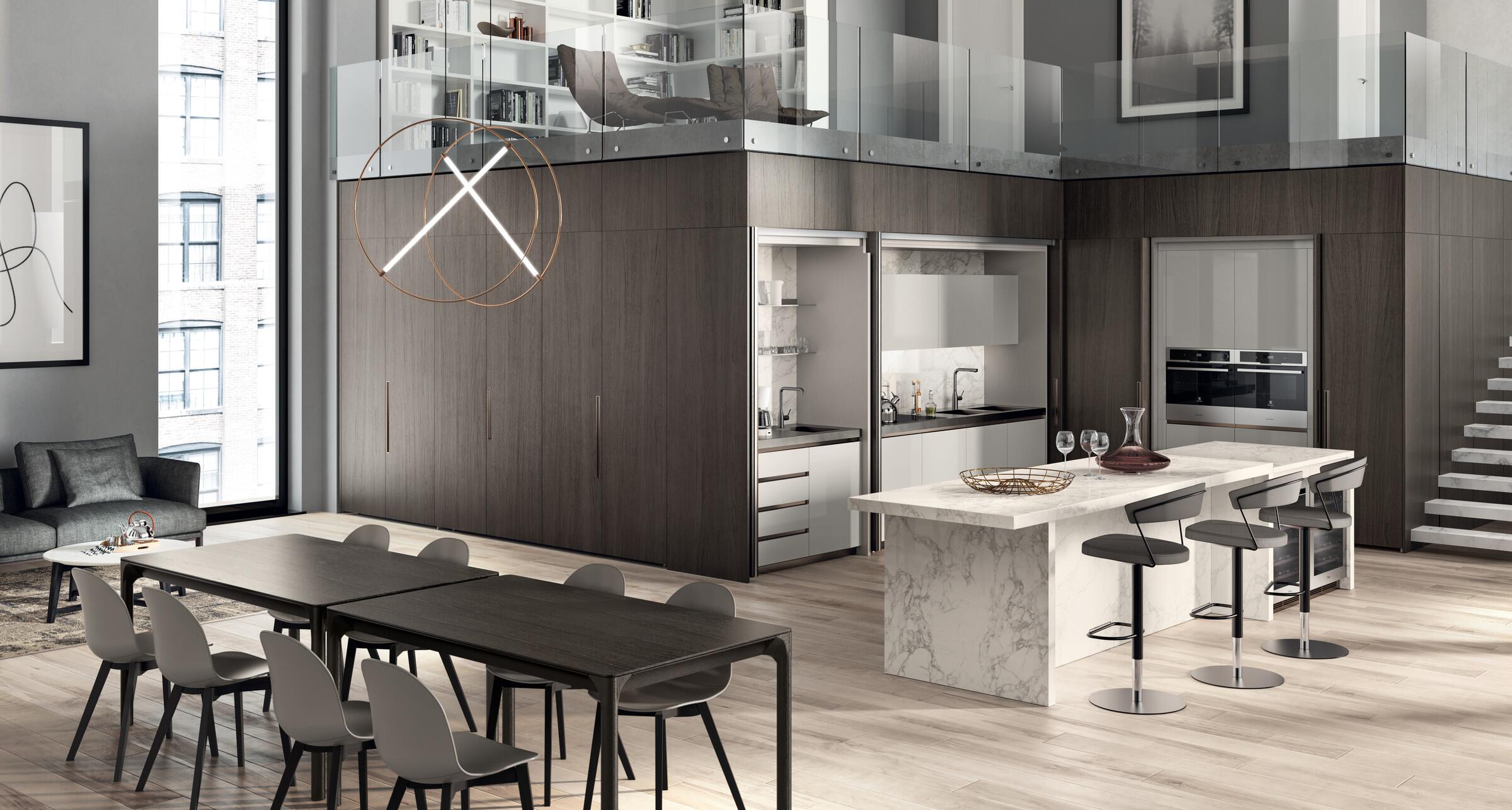 Scavolini Boxi kitchen in Grey SCAV 301 gloss lacquer with steel shelves