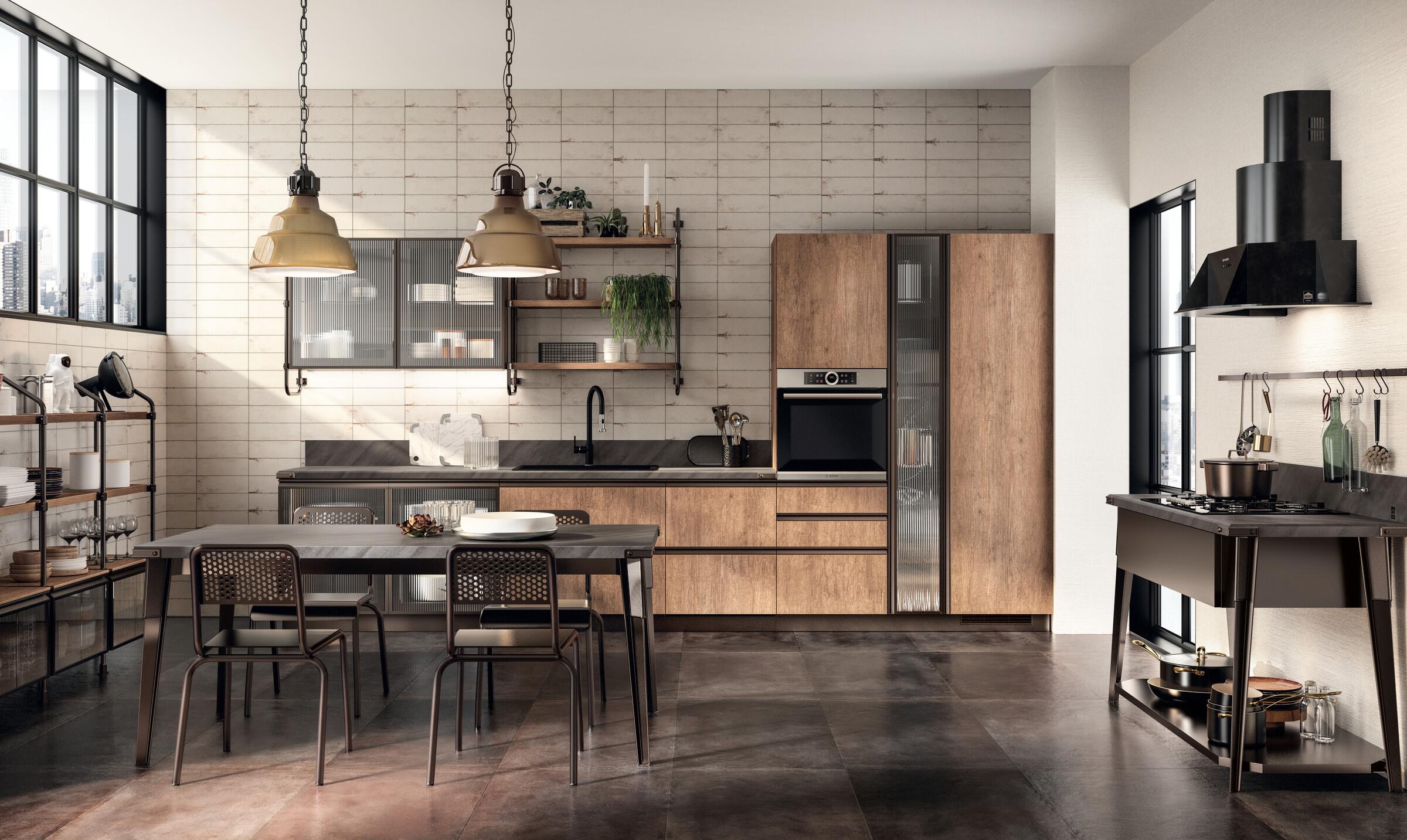 Scavolini Diesel Open Workshop kitchen in Land Oak with a Bronze Stock Rack System