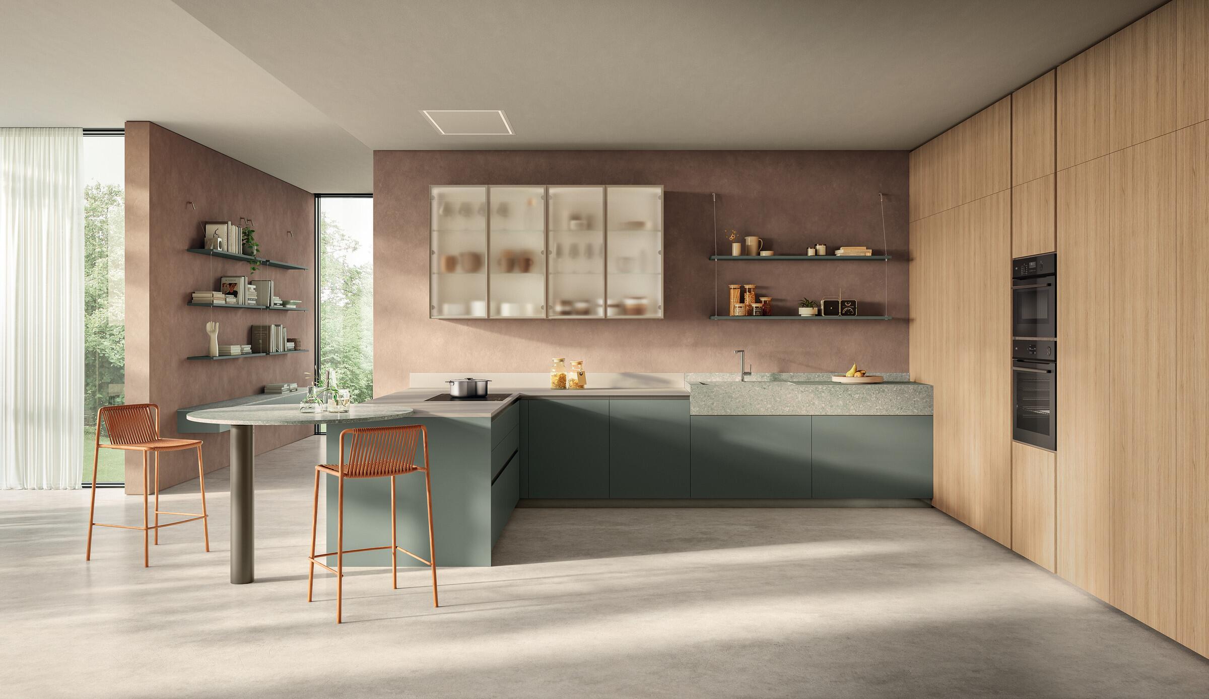Scavolini Essenza kitchen – Composition with peninsula, Gold Oak and Forest decorative melamine doors