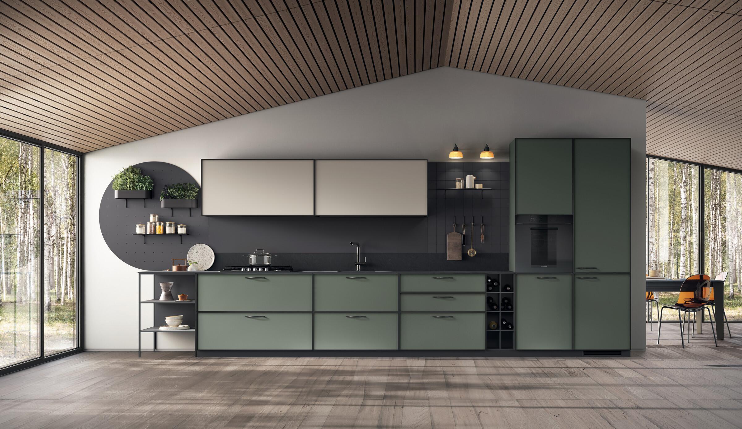 Scavolini Jeometrica kitchen – Linear composition, Copse and Soft Beige decorative melamine doors with Anthracite frame