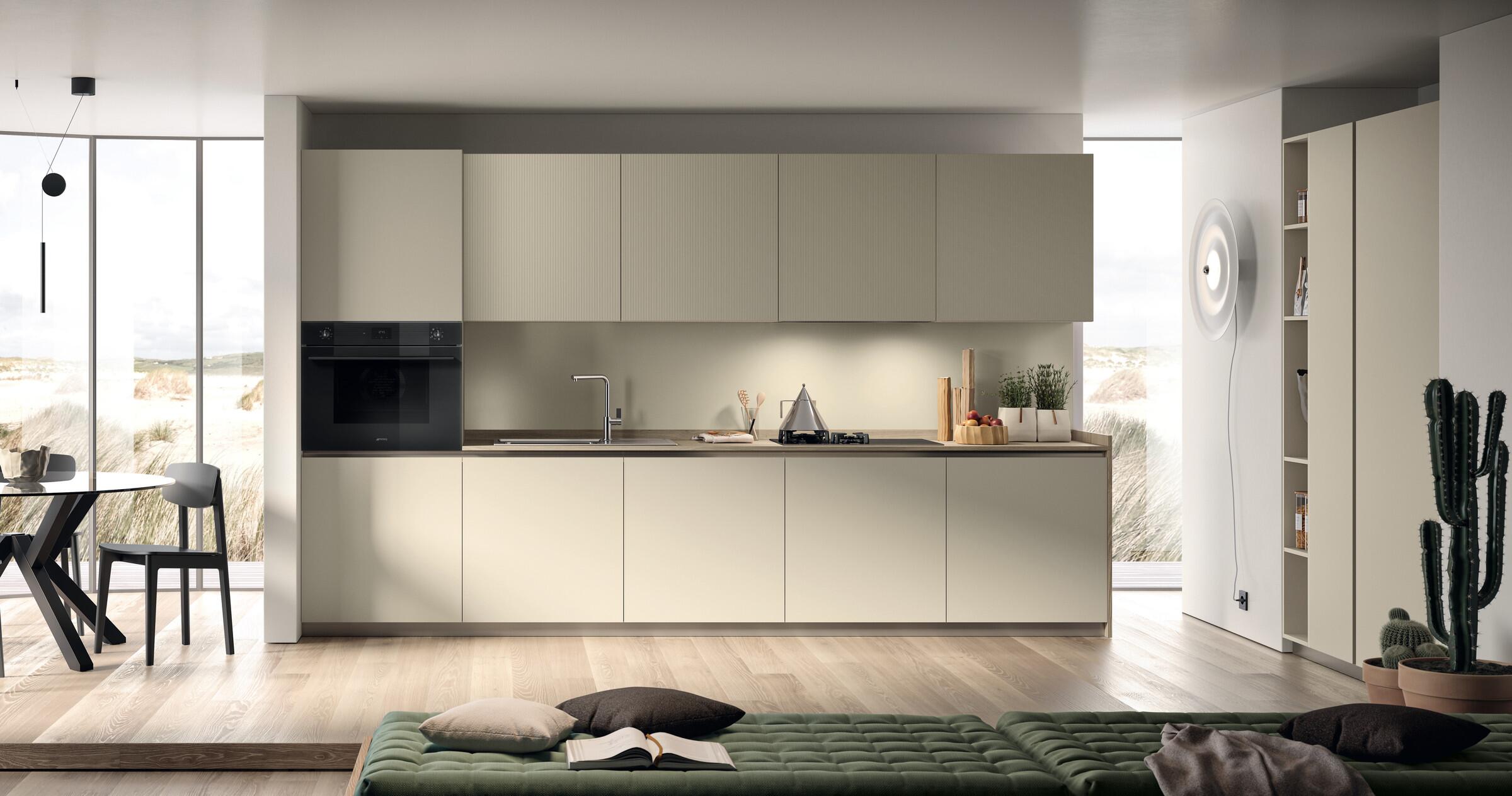 Scavolini Lumina kitchen – Linear composition, Dove Grey matt lacquered and Urban Gold Strips laminate doors