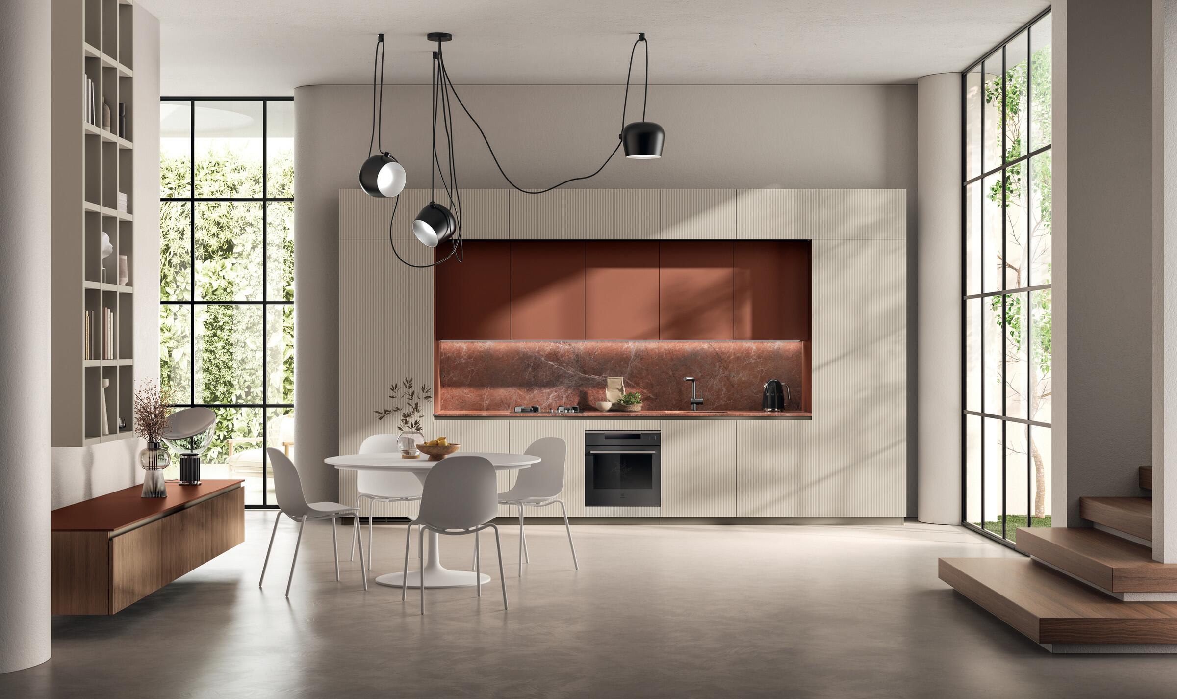 Scavolini Mira kitchen – Linear composition with Dove Grey and Rust matt lacquered doors