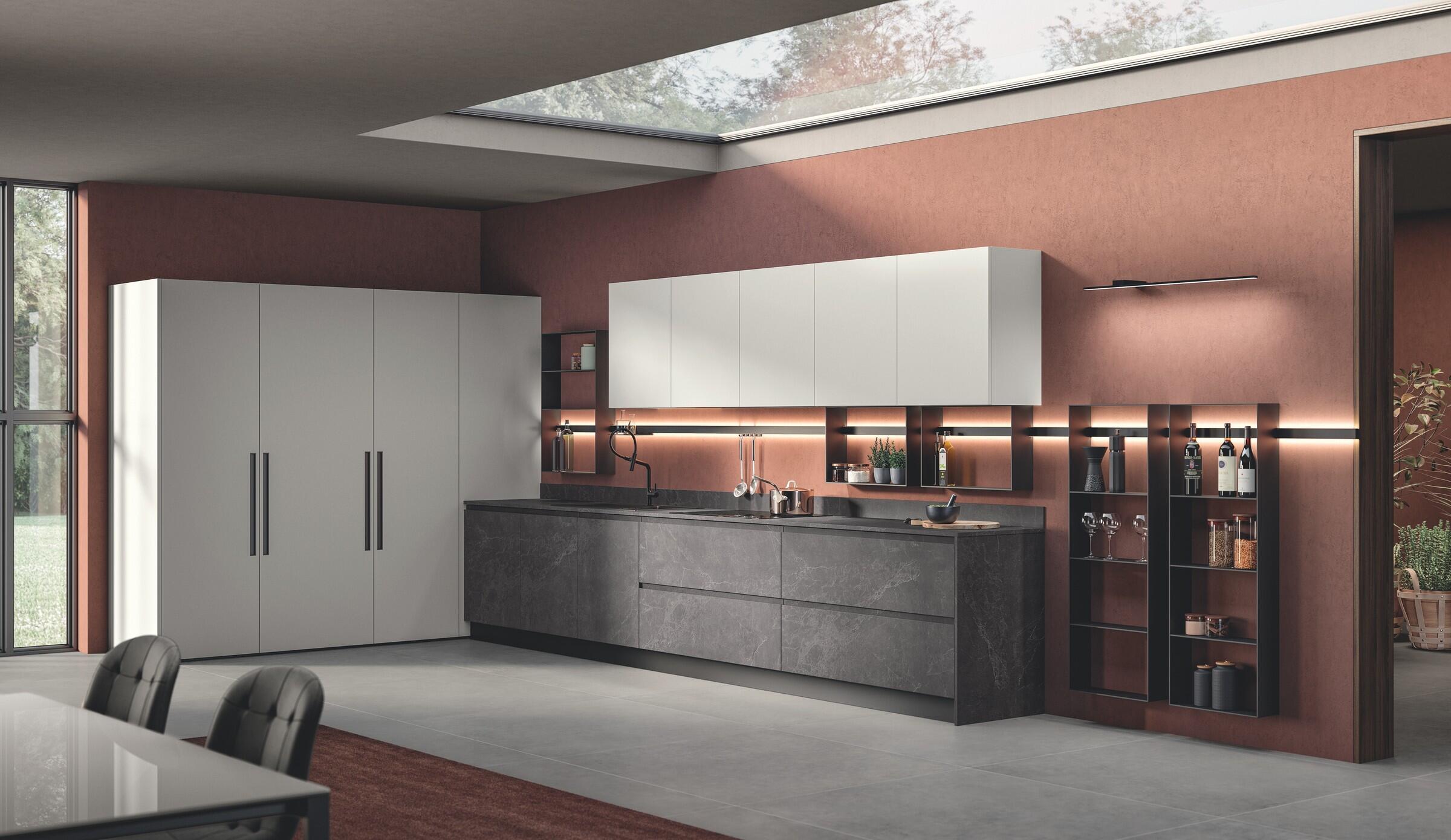 Scavolini Motus kitchen – Corner composition with Abyss Stone decorative melamine doors and Heron Grey matt lacquered doors