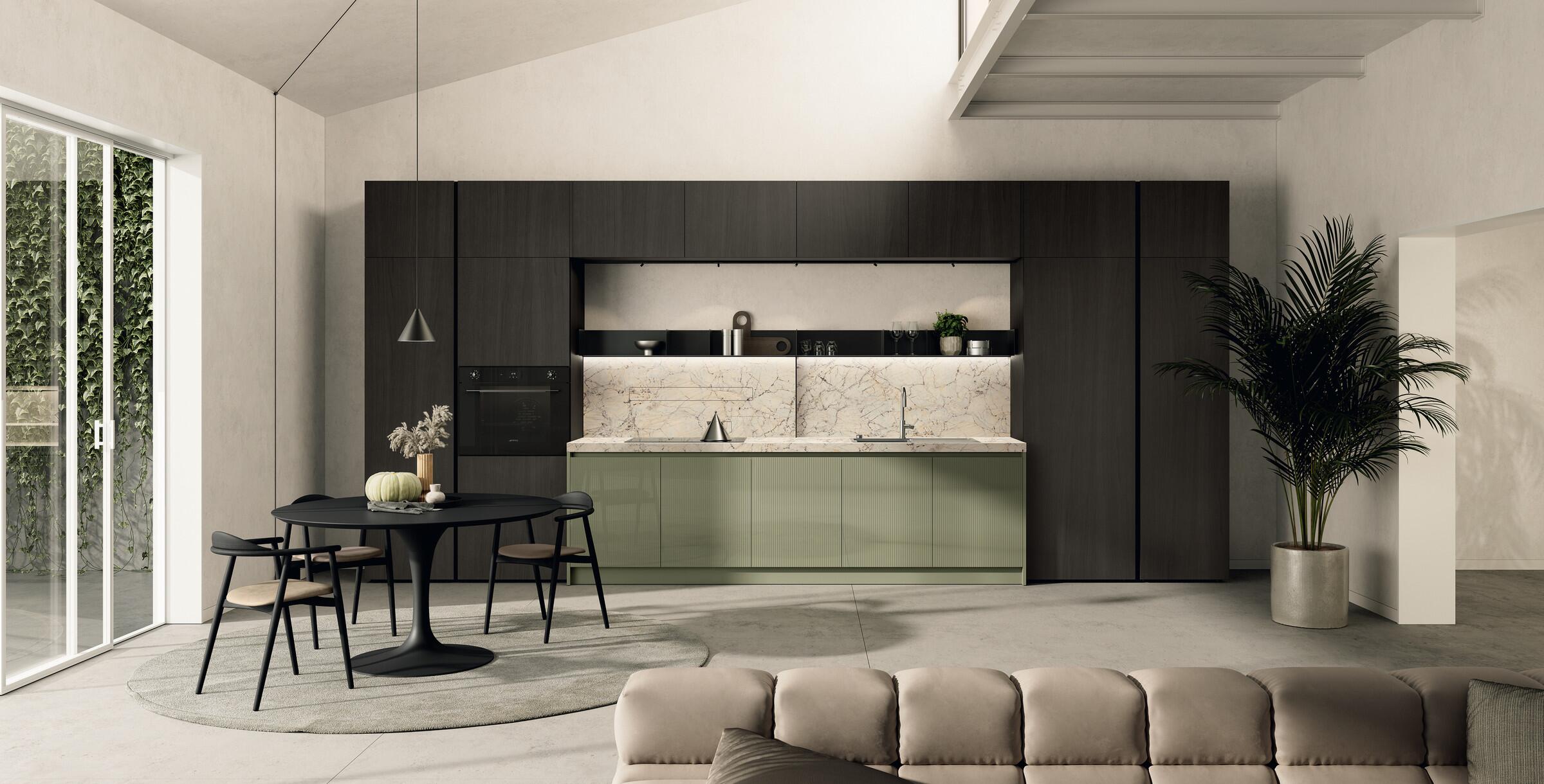 Scavolini Regola kitchen – Linear composition, Seaweed Green glossy lacquered slat doors