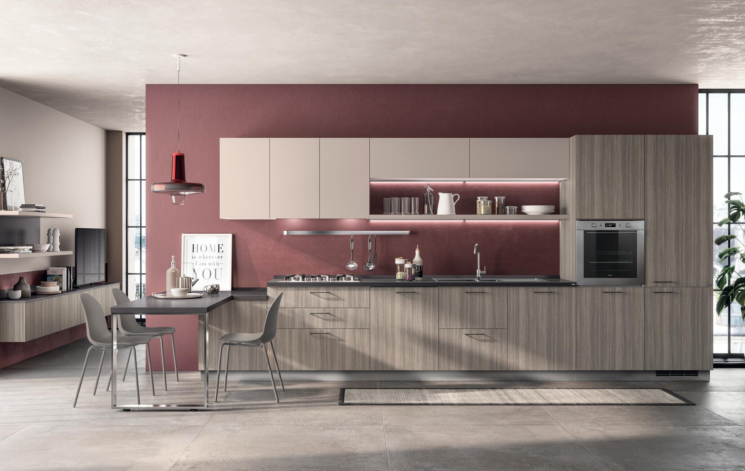 Scavolini Urban kitchen in Taj Eucalyptus vertical-grain and Easy Sand decorative melamine