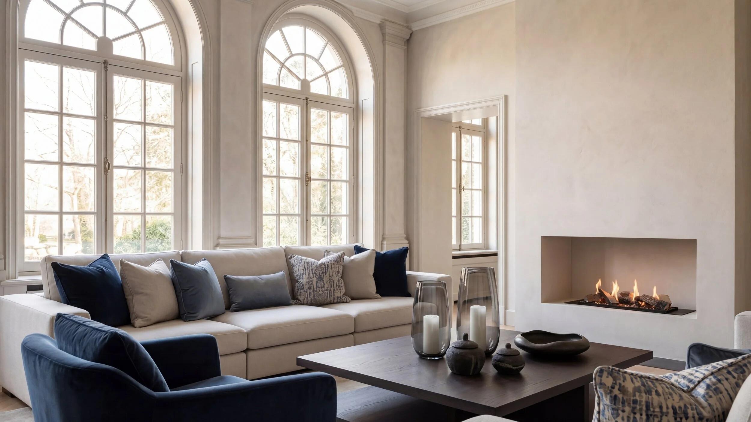 LogicWood Linear fire with logs built into a pale wall in a spacious living room with arched windows