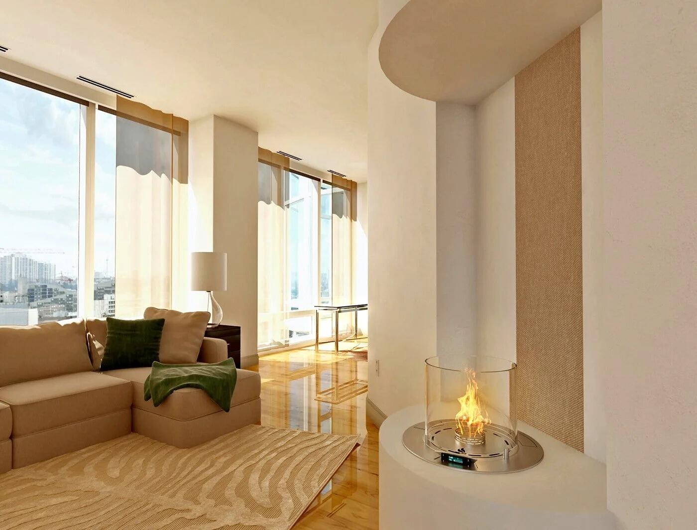 Denver F6 Round fire set into a white curved unit in a sunny living room
