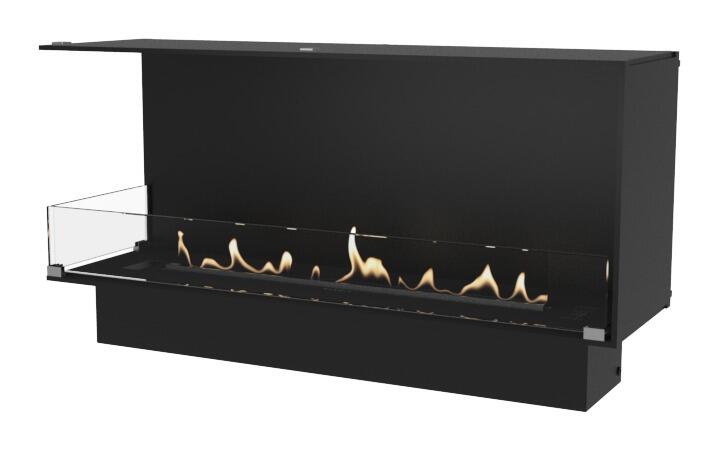 Montreal 1000 corner bio-ethanol fire open to the front and left side, product render