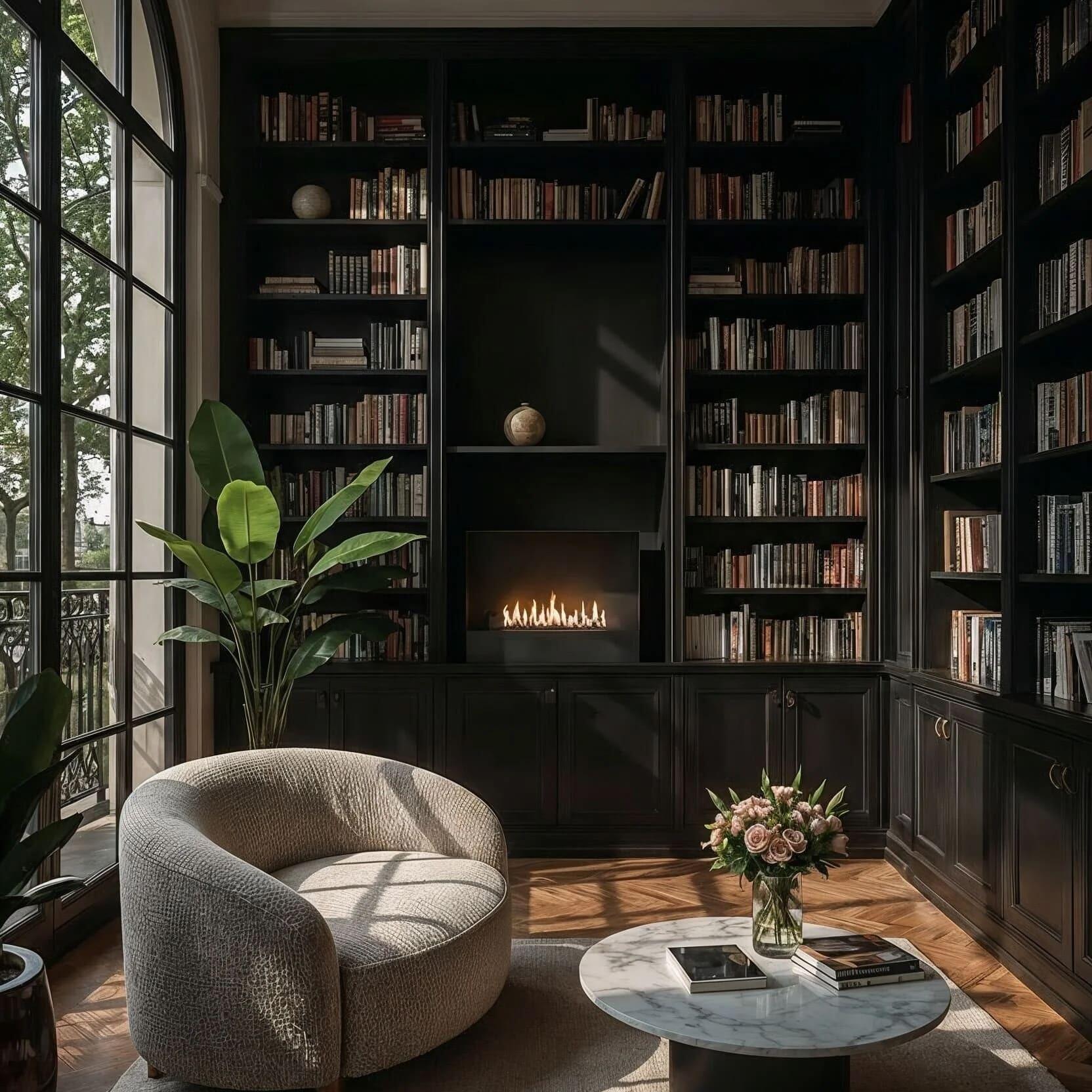 Milan fire in a dark library wall with a lounge chair
