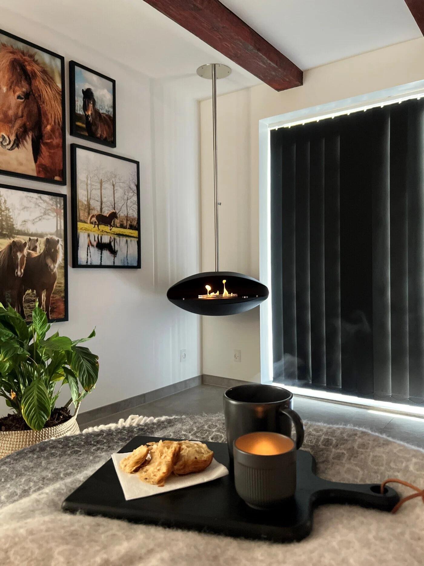 Espoo hanging fire above a rug in a cosy living room