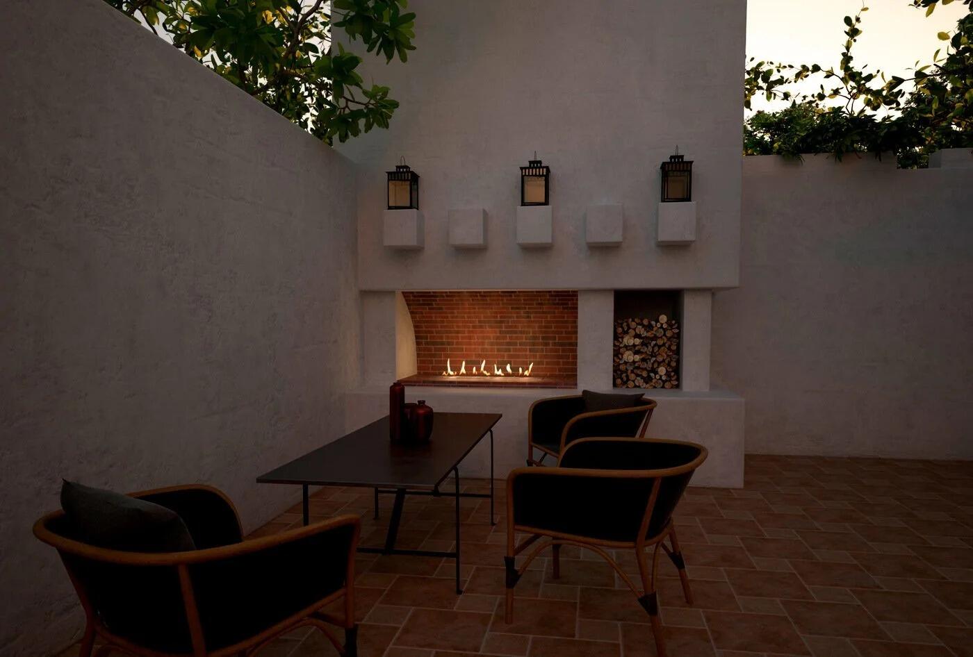 Outdoor burner glowing in a courtyard fireplace in the evening