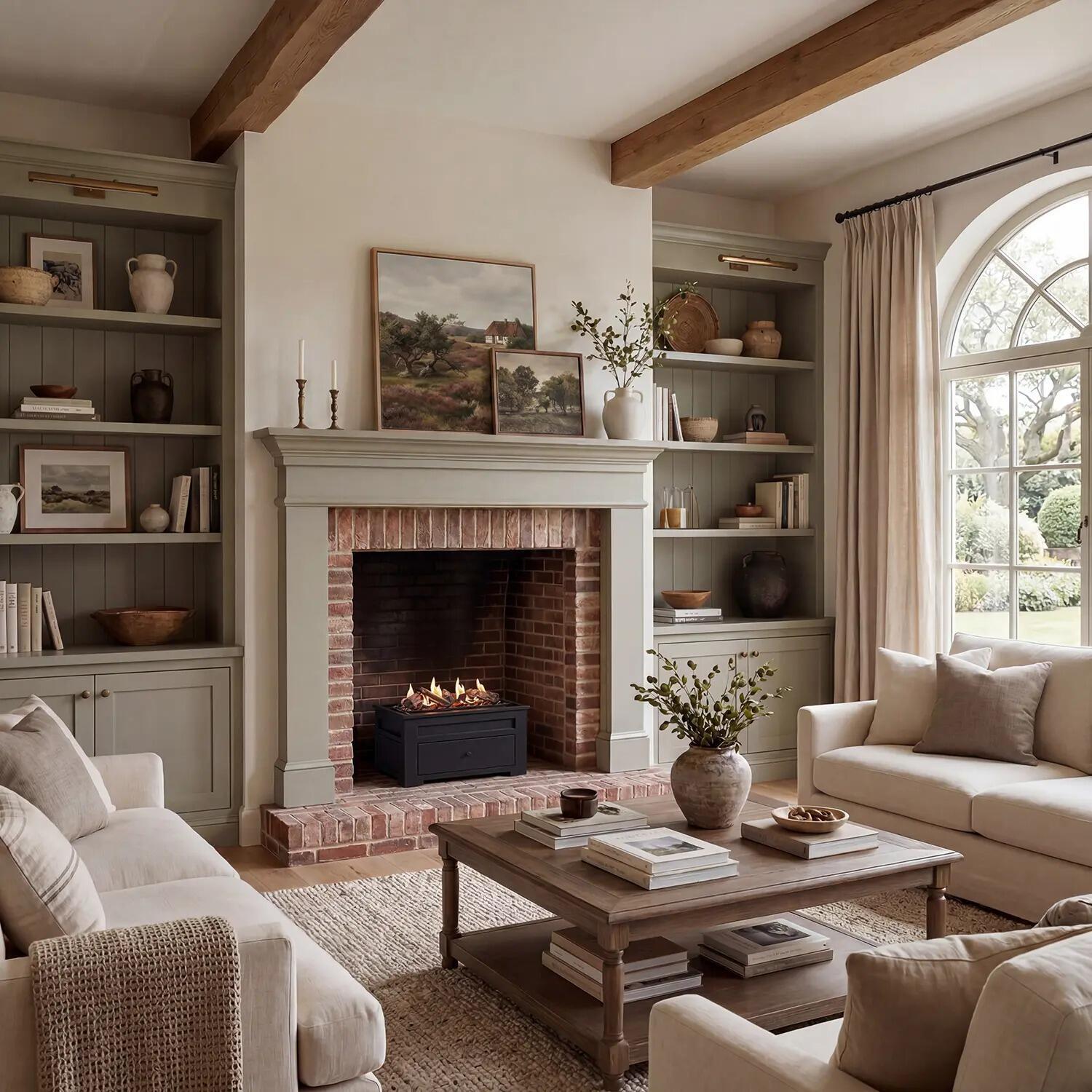 Heritage fire basket by Decoflame in a brick fireplace beneath a beamed ceiling