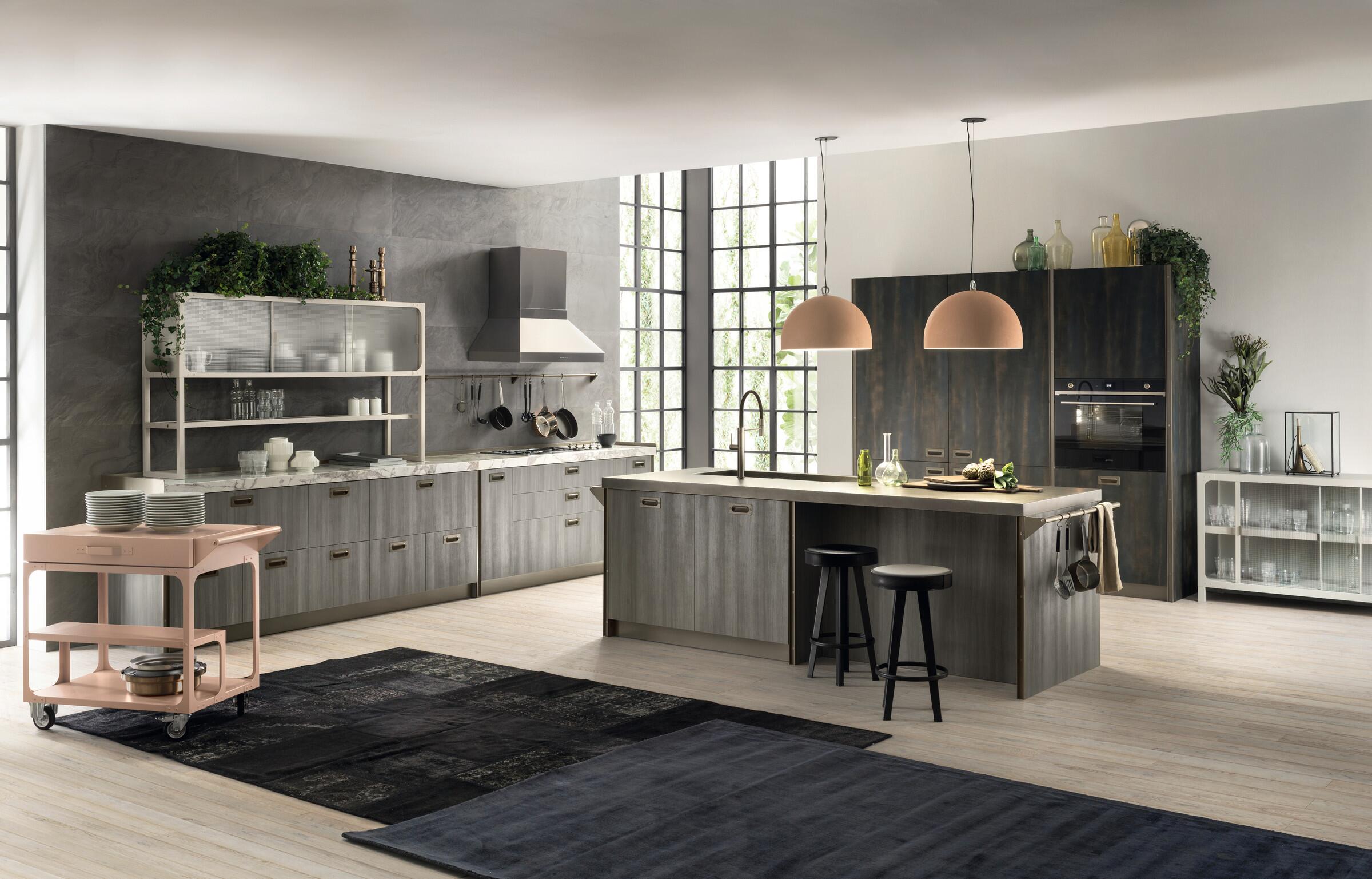 Scavolini Diesel Get Together kitchen island with Soft Grey Misfit Bridge and Dust Pink Misfit Cart