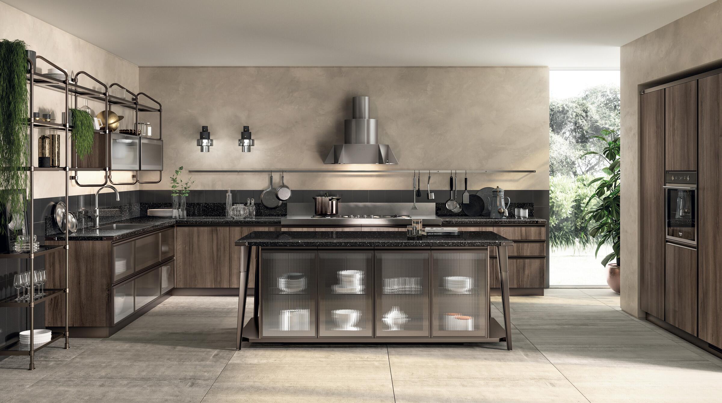 Scavolini Diesel Open Workshop kitchen island in Garden Walnut and Bronze frame doors