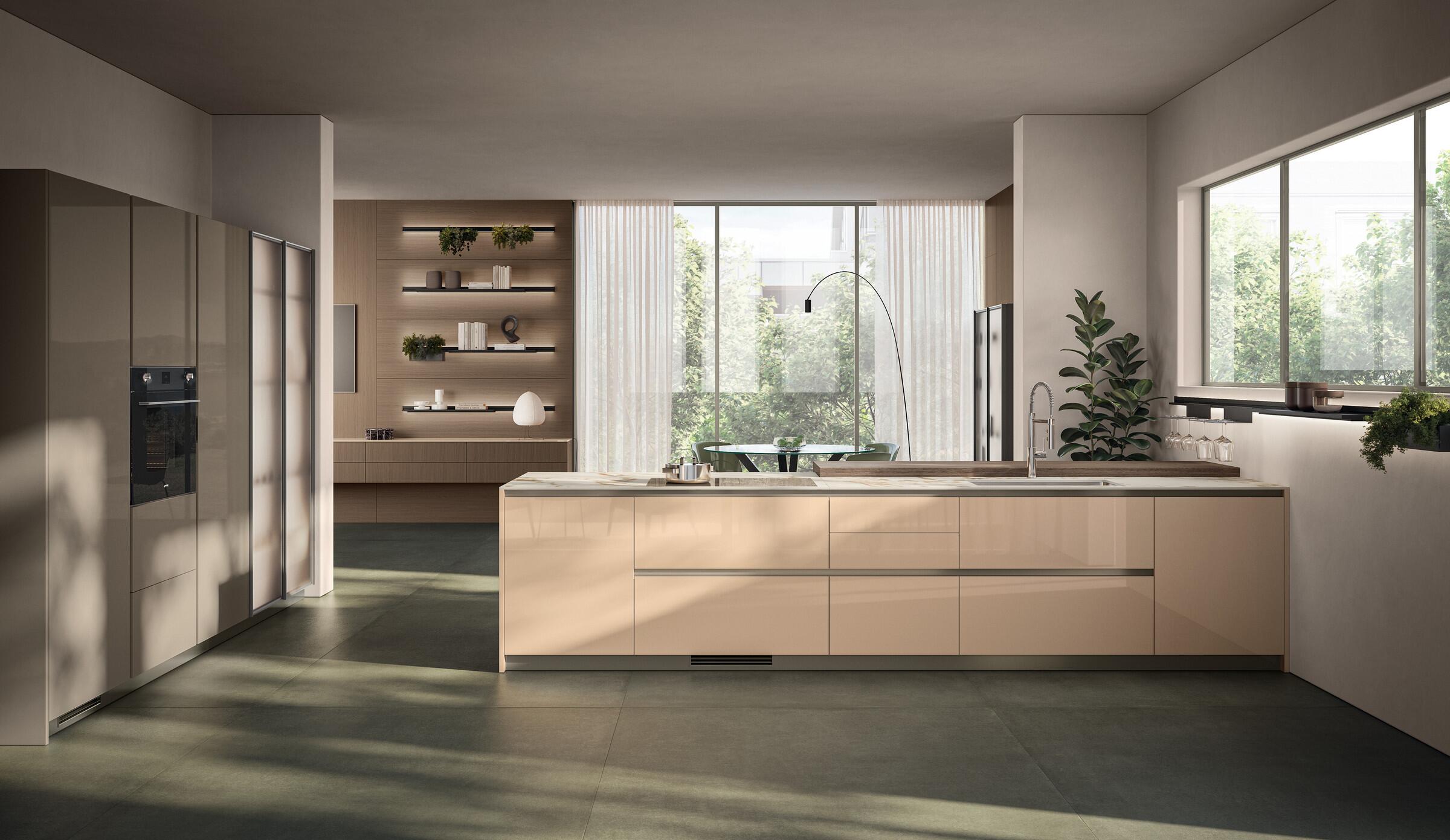 Scavolini Essenza kitchen – Composition with island, Ginger and Matera Grey glossy lacquered doors